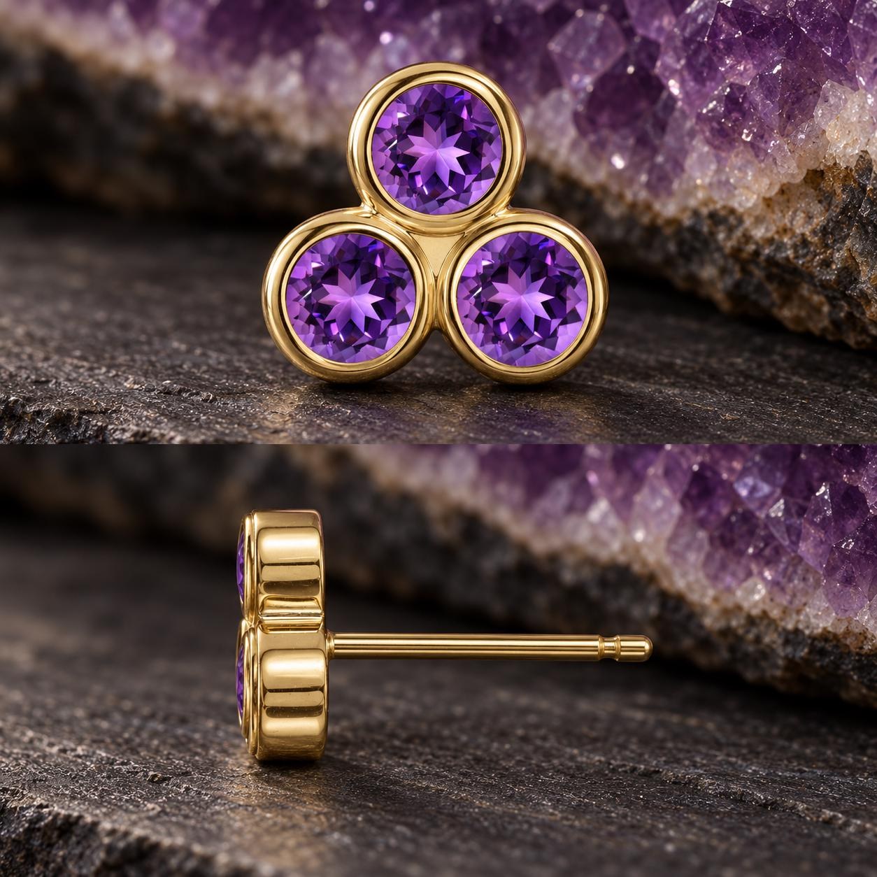 Amethyst Trio Stud Earrings 14kt Gold : February Birthstone Jewelry, detail view