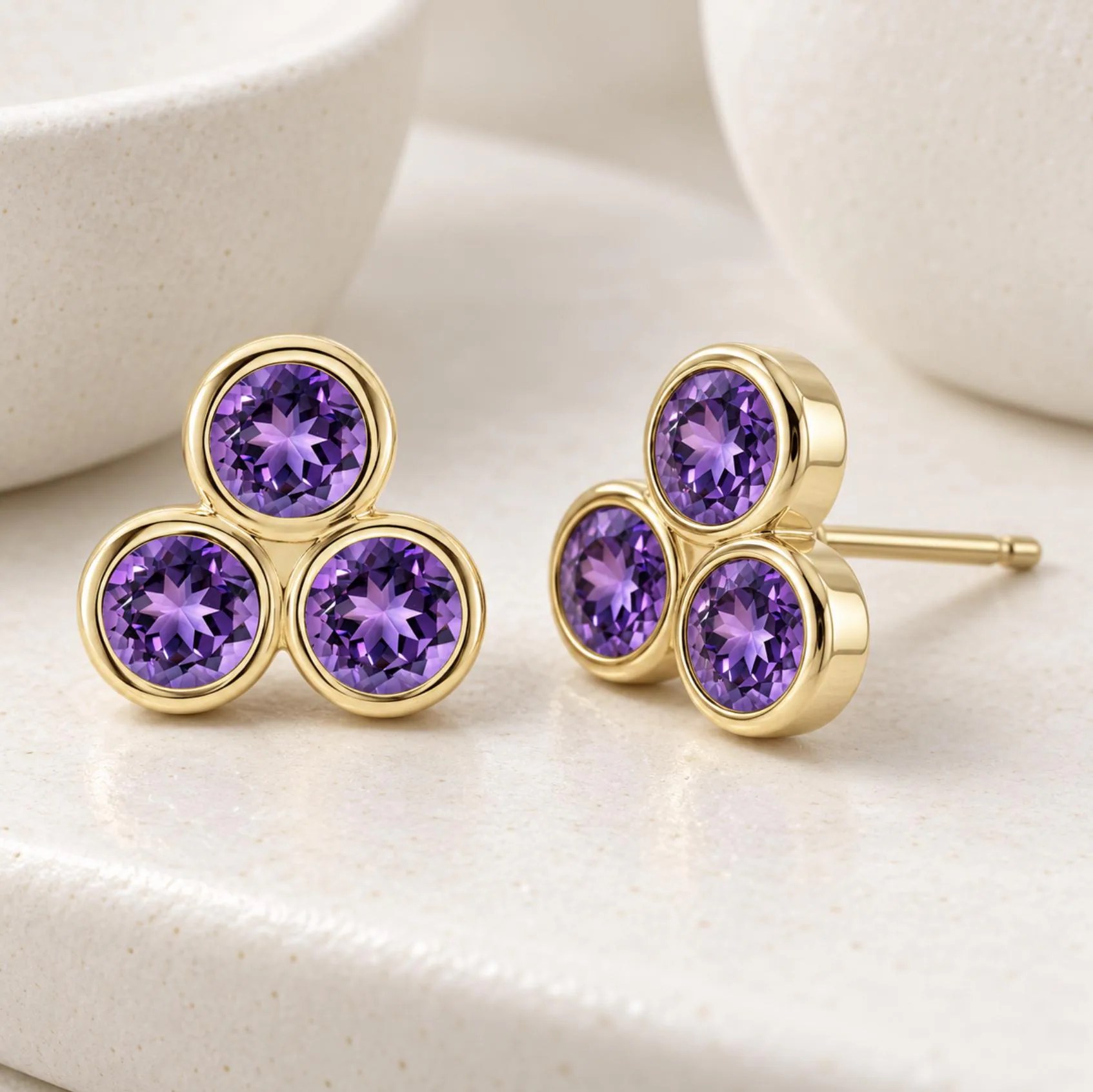 Amethyst Trio Stud Earrings 14kt Gold : February Birthstone Jewelry