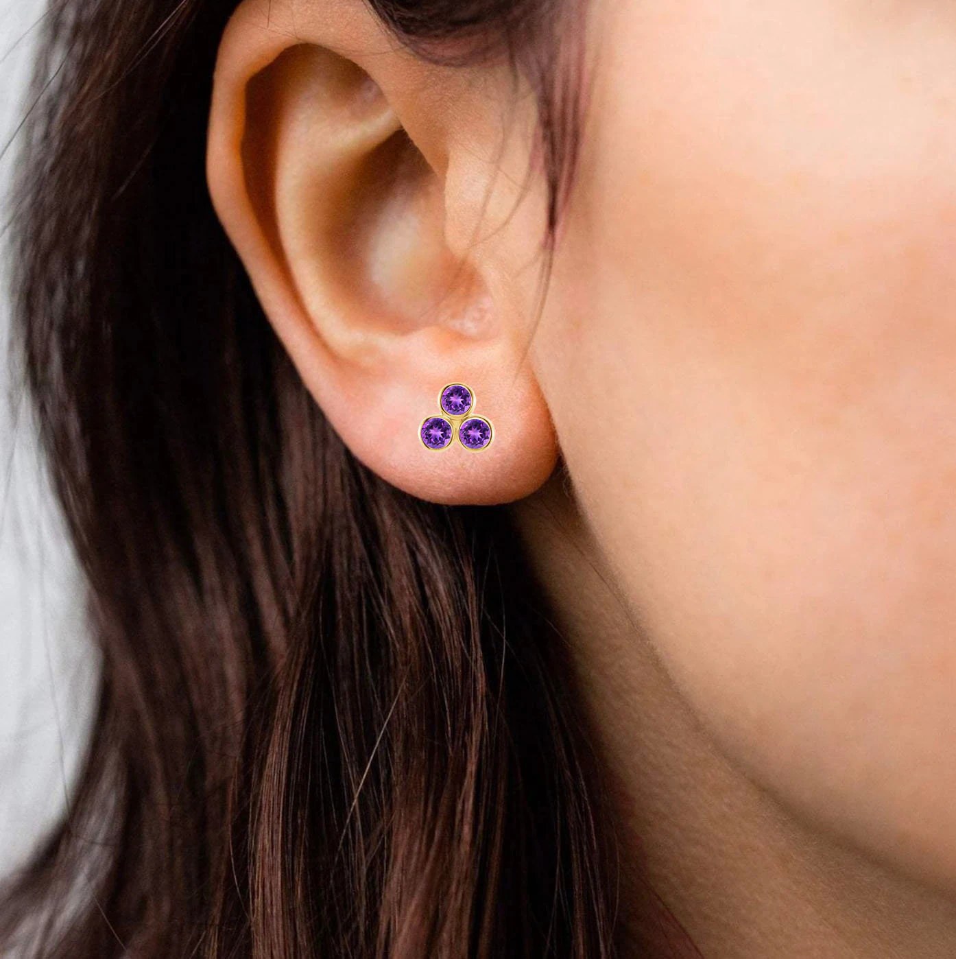 Amethyst Trio Stud Earrings 14kt Gold : February Birthstone Jewelry, worn view