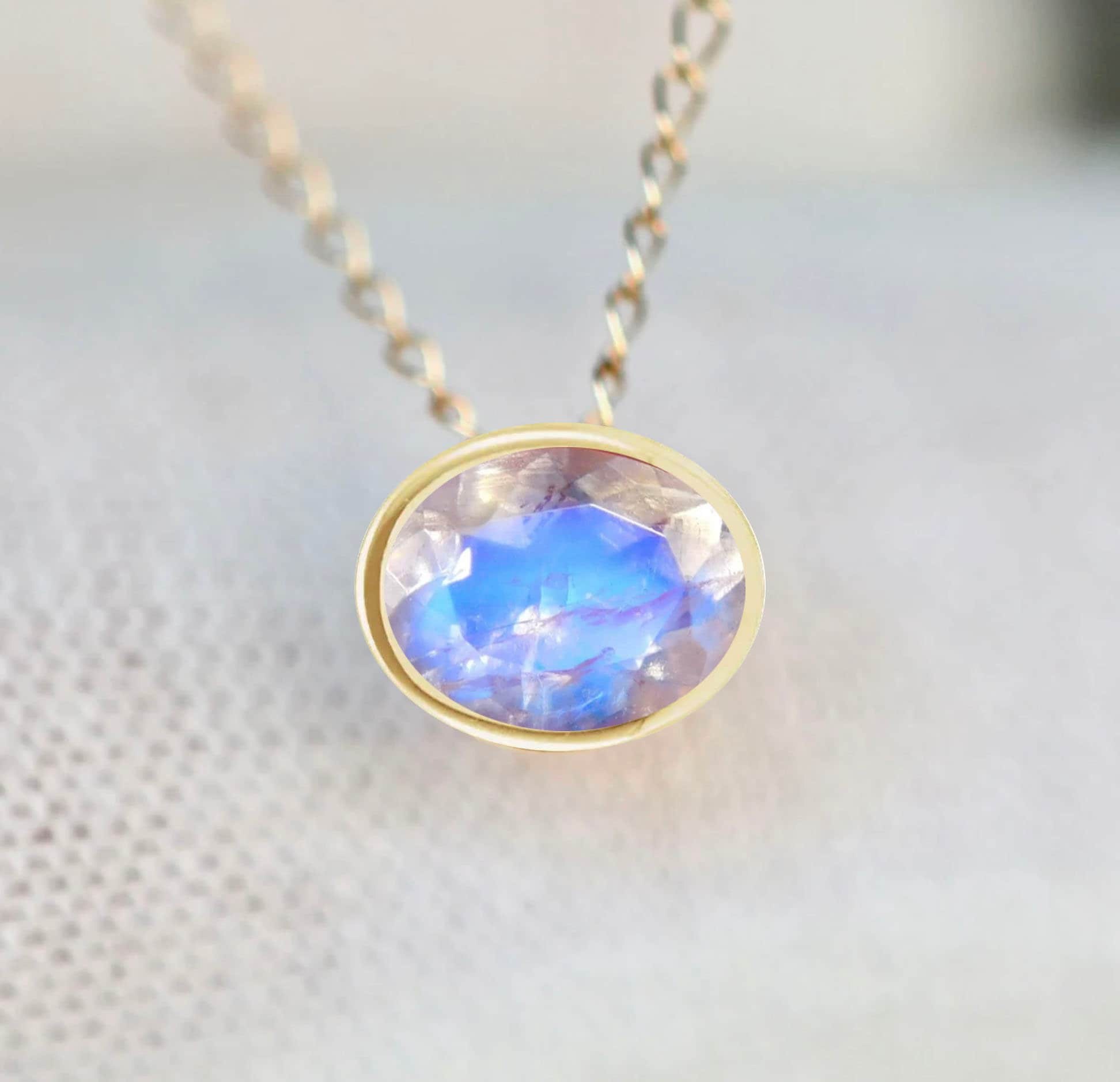 Oval Blue Moonstone Slide Necklace 14k Gold : Minimalist June Birthstone Pendant, detail view