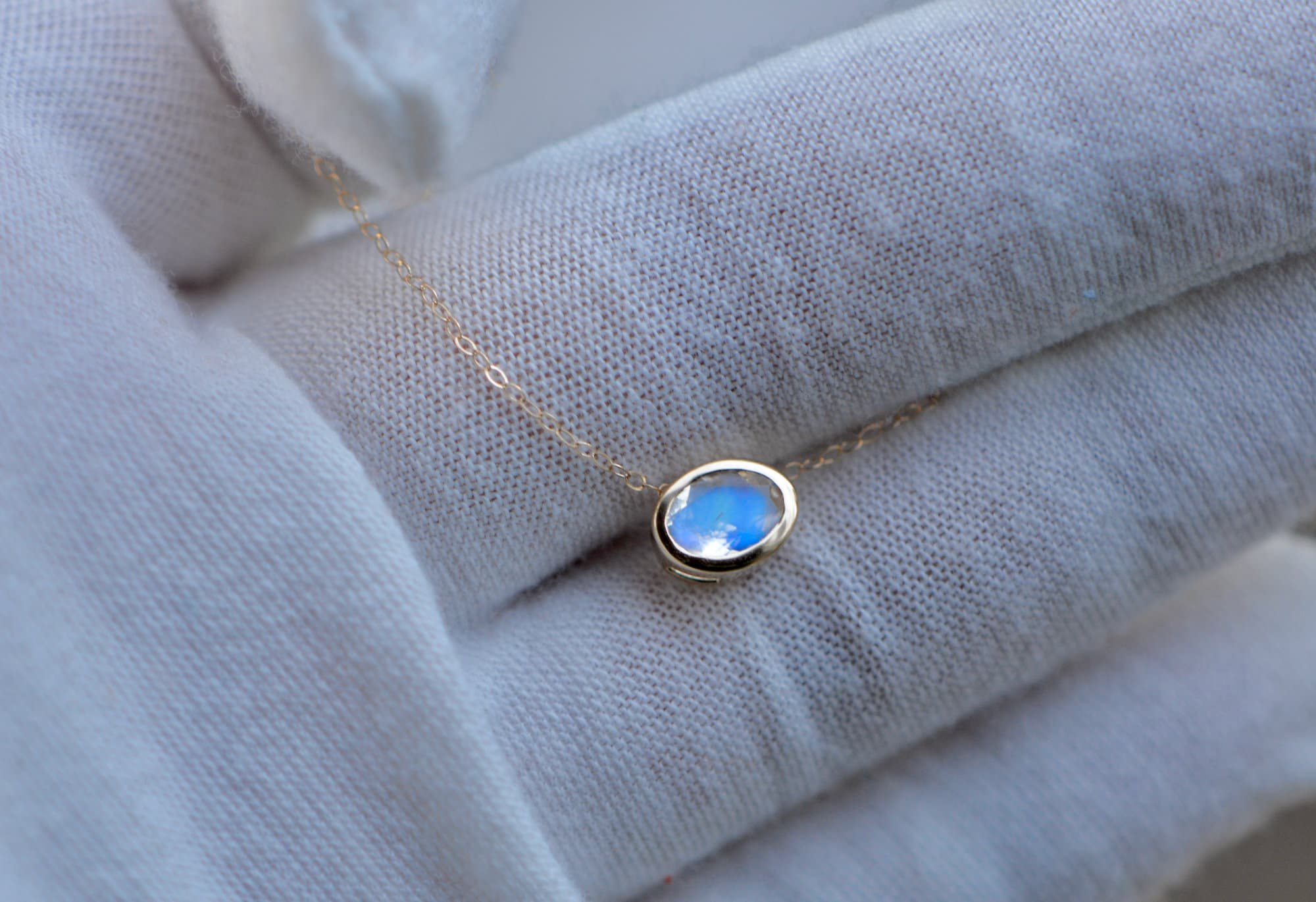 Oval Blue Moonstone Slide Necklace 14k Gold : Minimalist June Birthstone Pendant