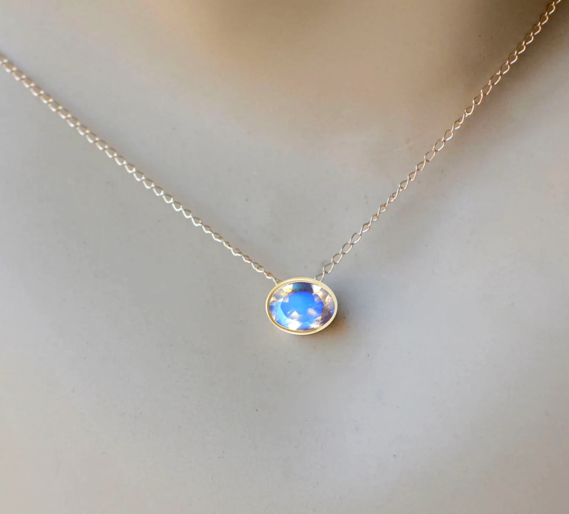 Oval Blue Moonstone Slide Necklace 14k Gold : Minimalist June Birthstone Pendant, detail view