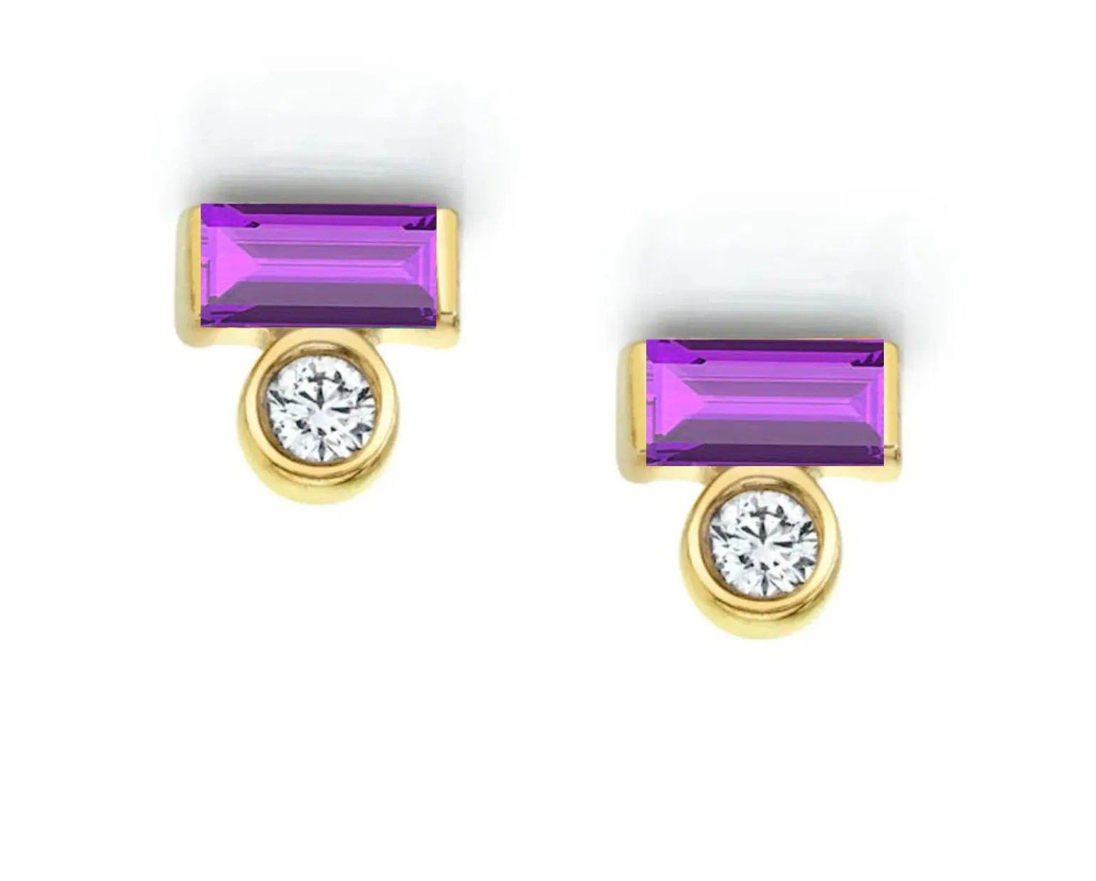 Amethyst Baguette Diamond 14k Gold Stud Earrings, February Birthstone Jewelry, Minimalist Purple Gemstone Studs, Art Deco Stacking Earring, detail view