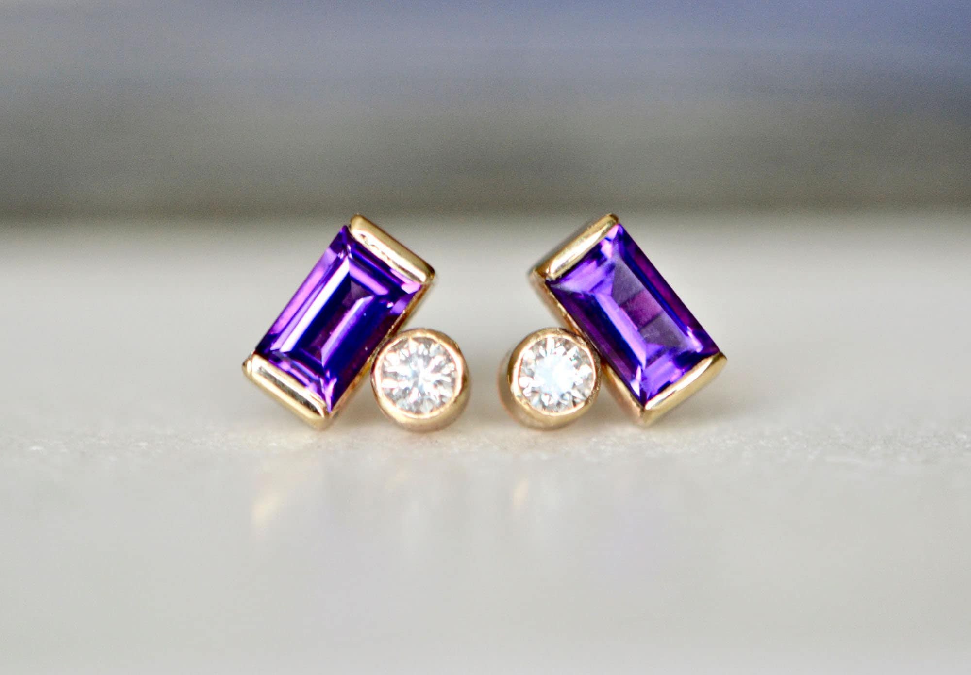 Amethyst Baguette Diamond 14k Gold Stud Earrings, February Birthstone Jewelry, Minimalist Purple Gemstone Studs, Art Deco Stacking Earring