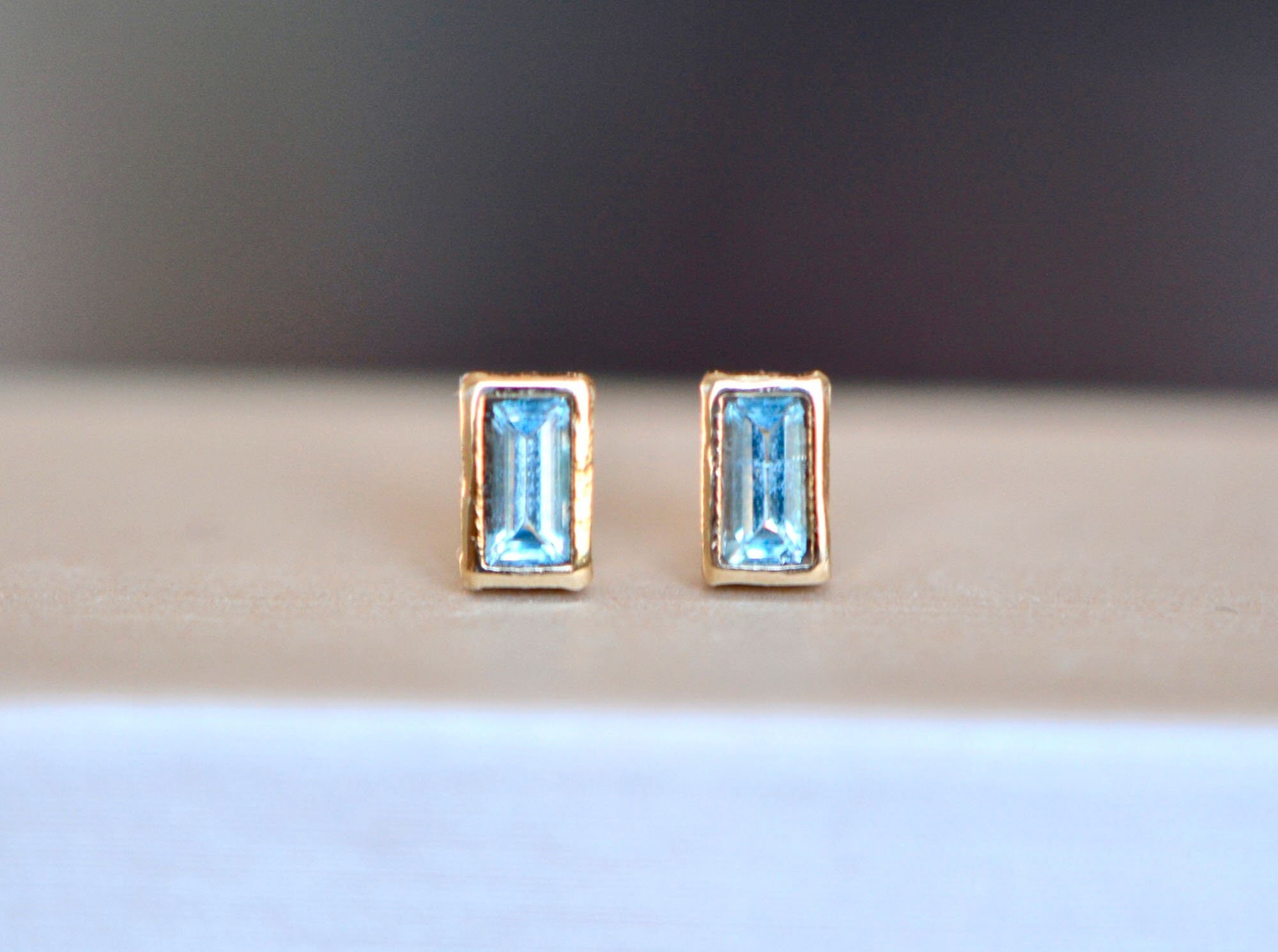 Swiss Blue Topaz Baguette 14k Gold Minimalist Stud Earrings : December Birthstone