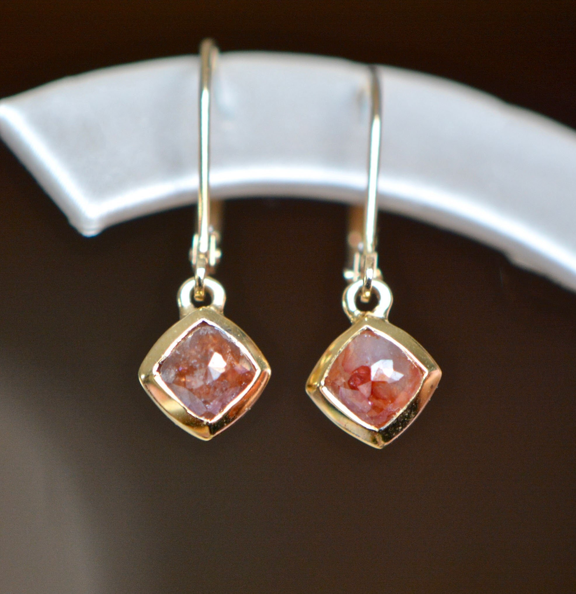 Red Diamond Natural Solid 14k Gold Dangly Leverback Earrings : 10th or 60th Anniversary Gift for Wife