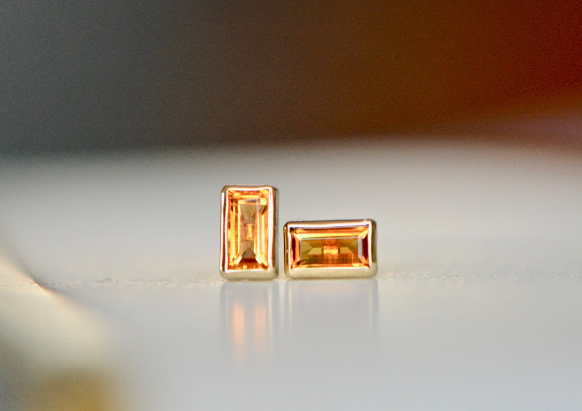 Citrine Baguette 14k Gold Minimalist Stud Earrings, November Birthstone Jewelry, Yellow Gemstone Studs, Art Deco Stacking Earring Women Girl