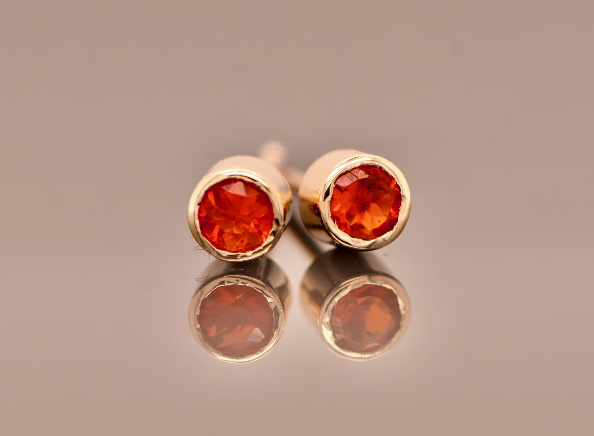 Fire Opal Tiny Orange Stud Earrings Solid 14kt Gold : October Birthstone Jewelry