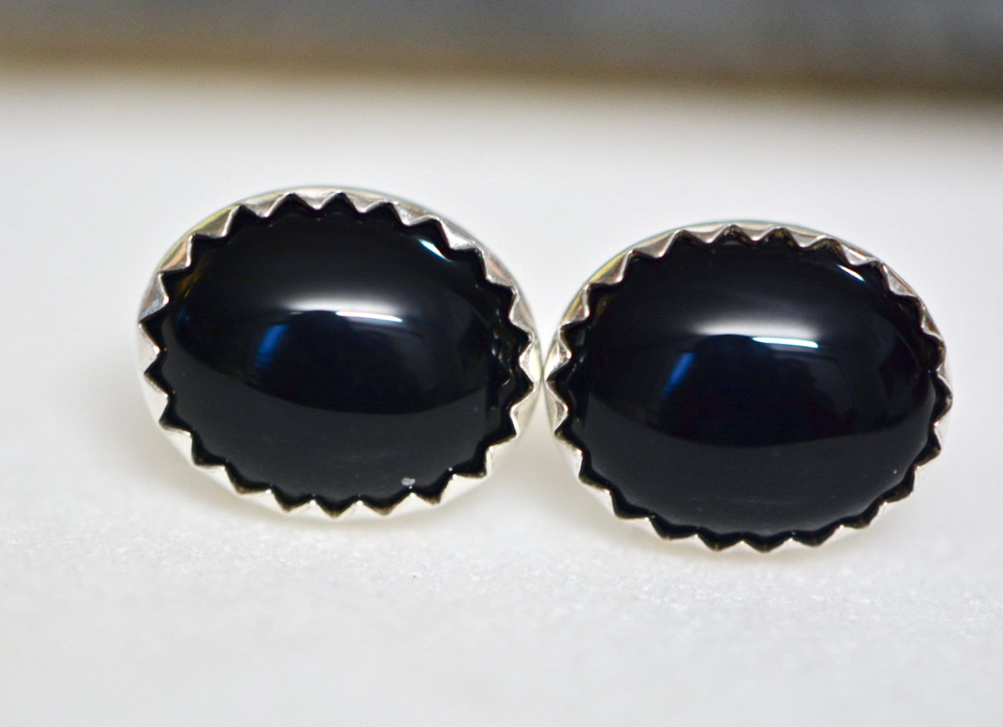 Black Onyx Oval Stud Earrings Sterling Silver : Gifts for Her, detail view