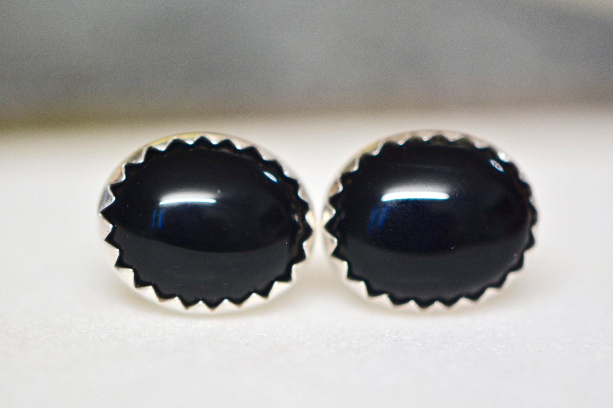Black Onyx Oval Stud Earrings Sterling Silver : Gifts for Her