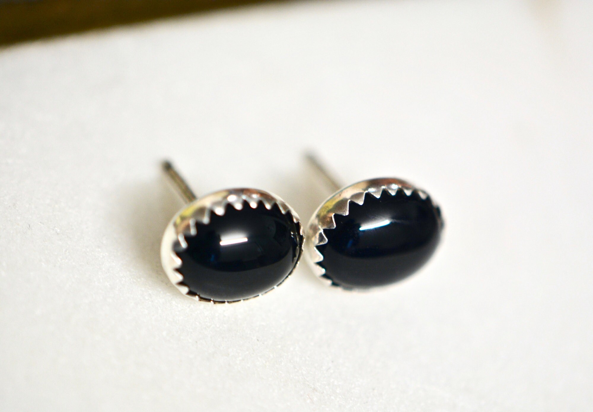 Black Onyx Oval Stud Earrings Sterling Silver : Gifts for Her, detail view
