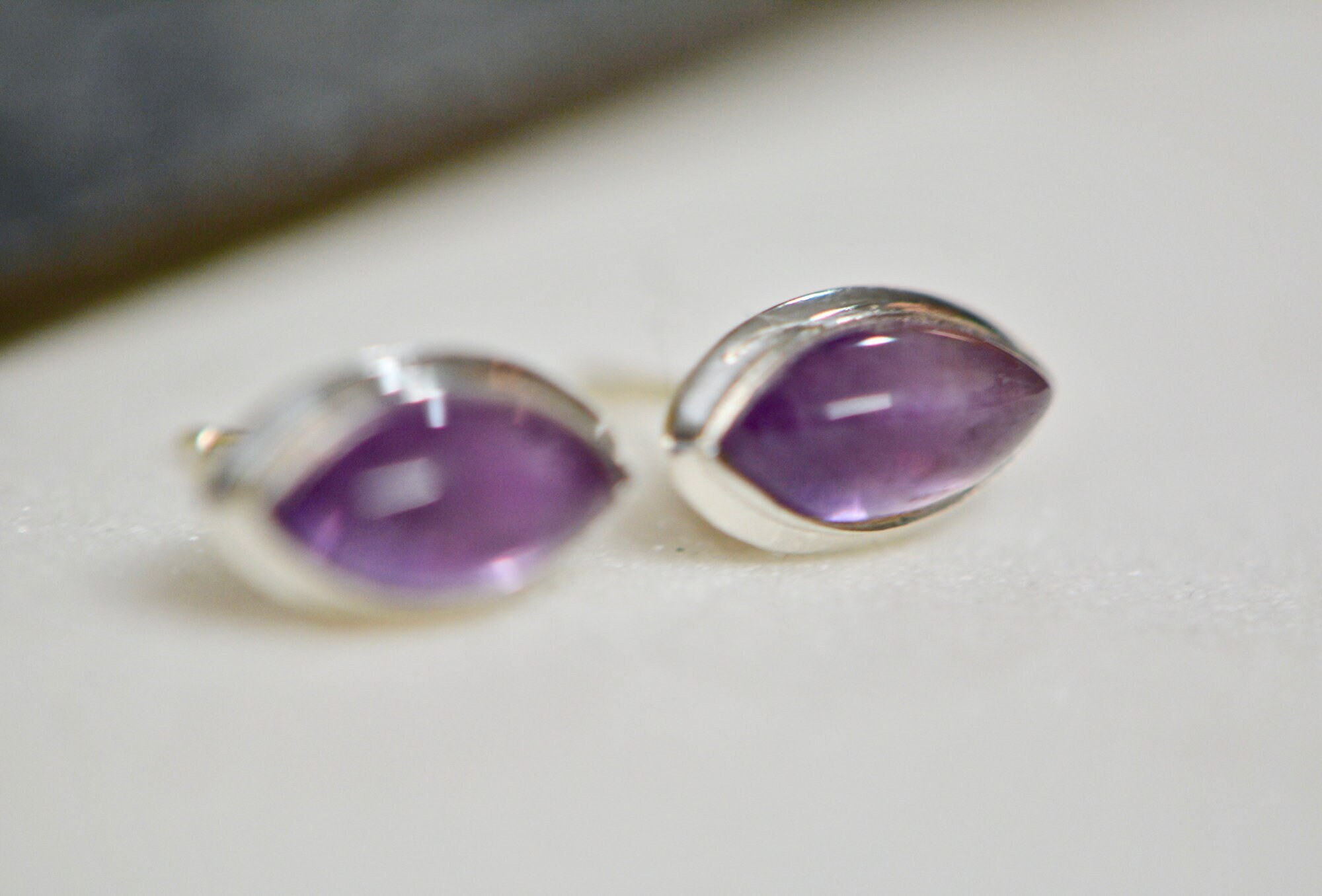 Amethyst Cabochon Marquise Stud Earrings in Sterling Silver : February Birthstone