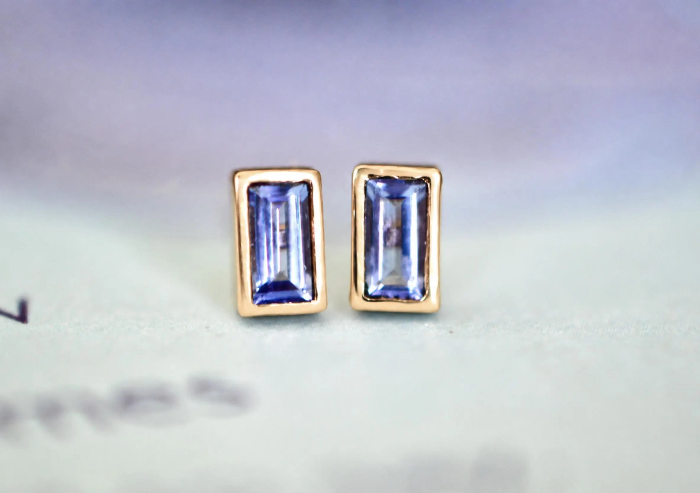 Tanzanite Baguette 14k Gold Minimalist Stud Earrings : December Birthstone Jewelry