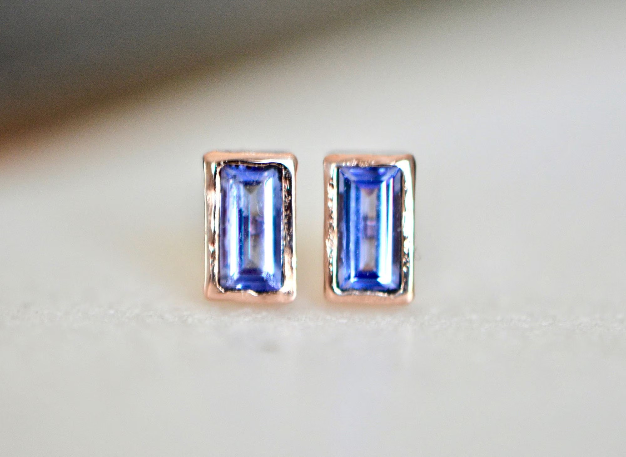 Tanzanite Baguette 14k Gold Minimalist Stud Earrings : December Birthstone Jewelry