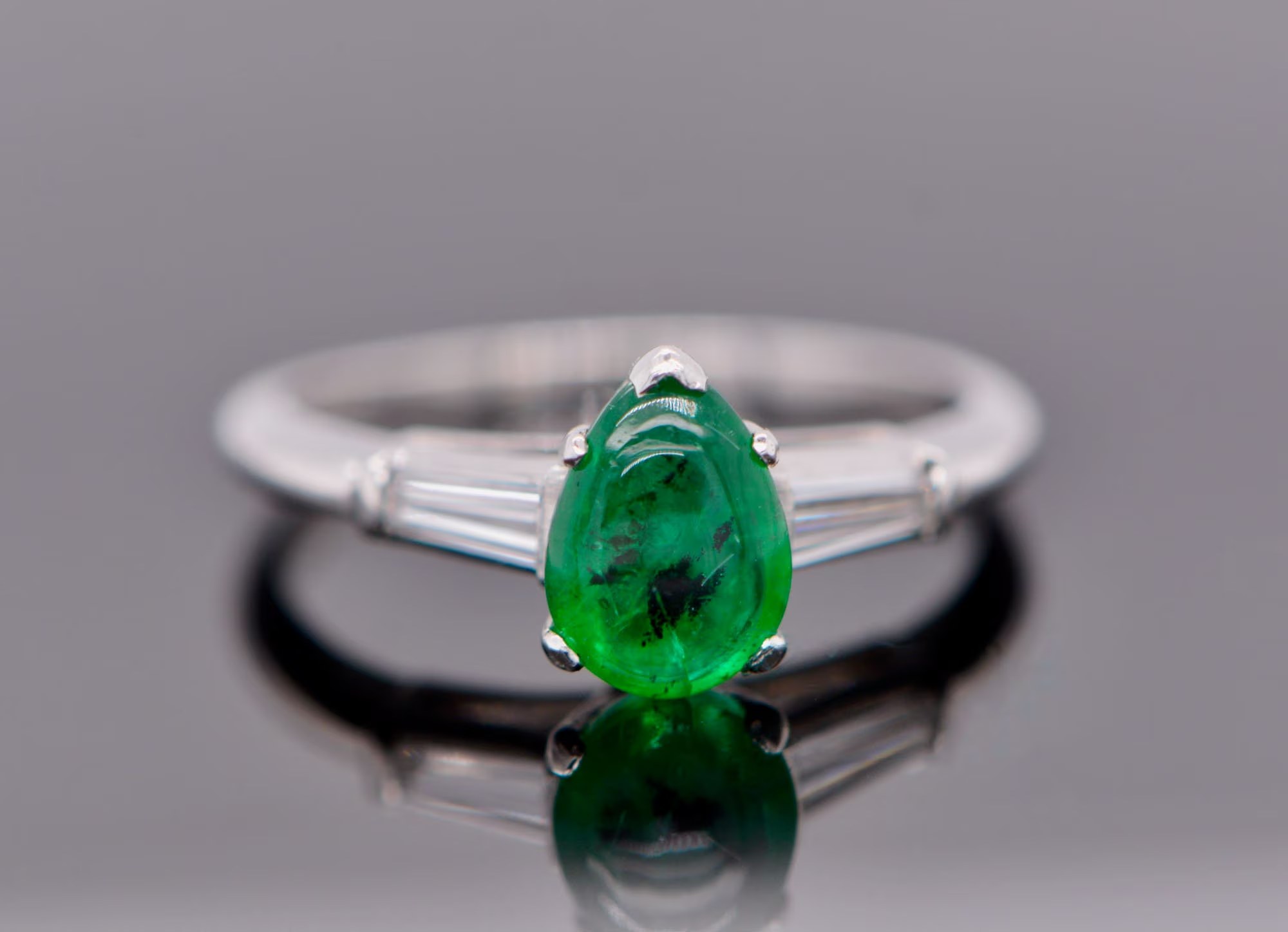 Emerald Natural Teardrop Platinum Engagement Ring with Tapered Diamond Baguettes : Art Deco Jewelry