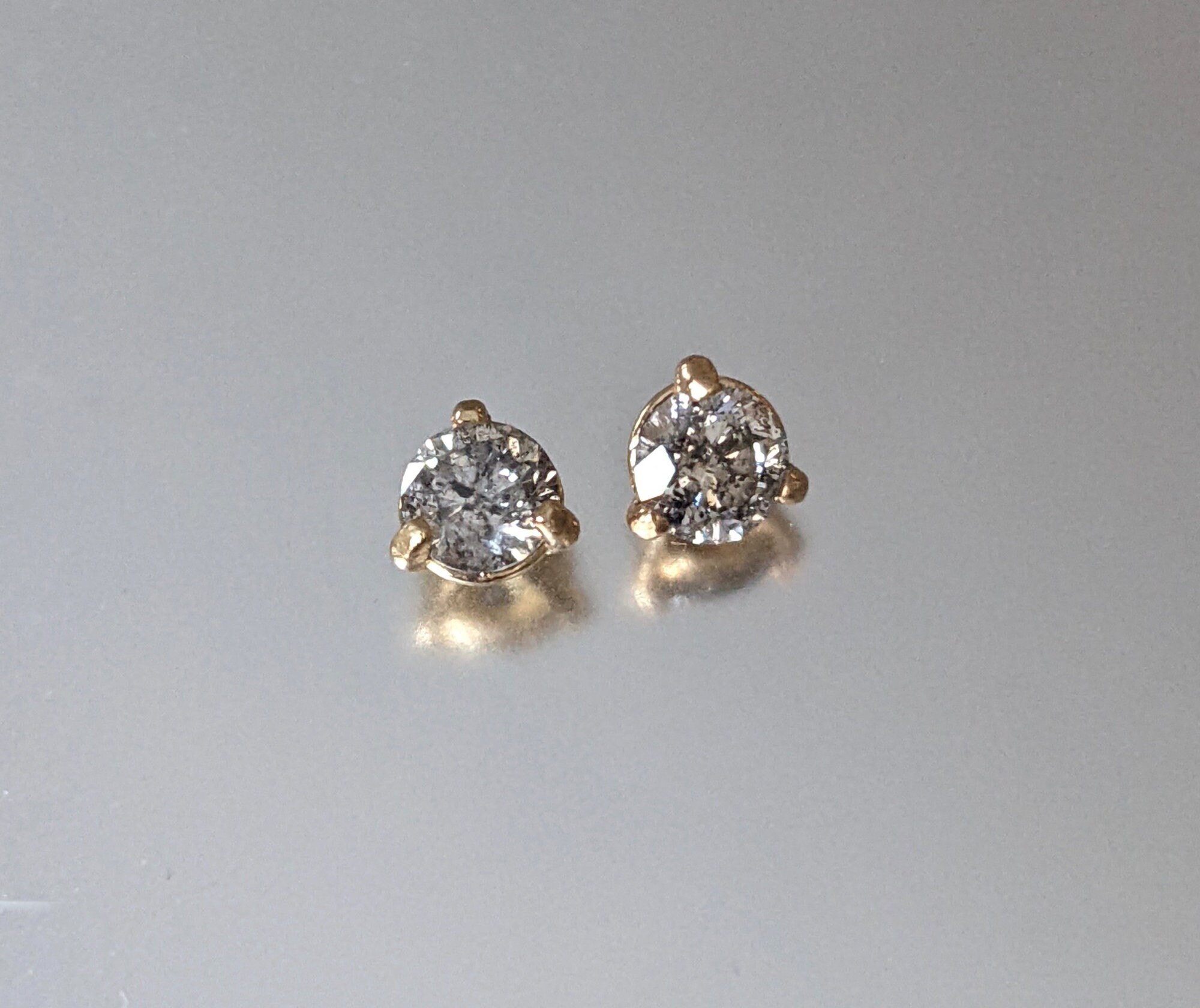 Salt Pepper Diamond Martinin Minimalist Stud Earrings Solid 14kt Gold : April Birthstone Jewelry
