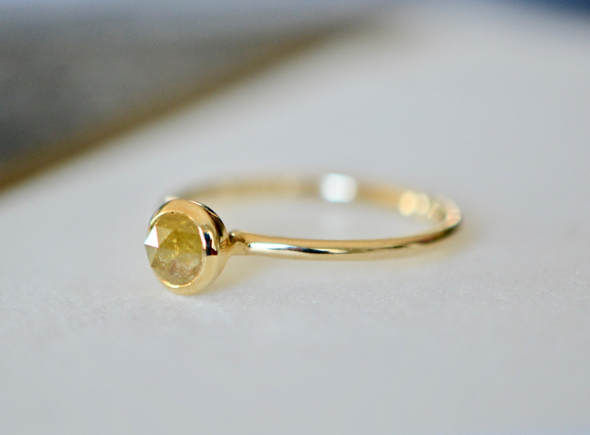 Yellow Diamond Rosecut Bezel Ring Solid 14k Gold : April Birthstone Jewelry