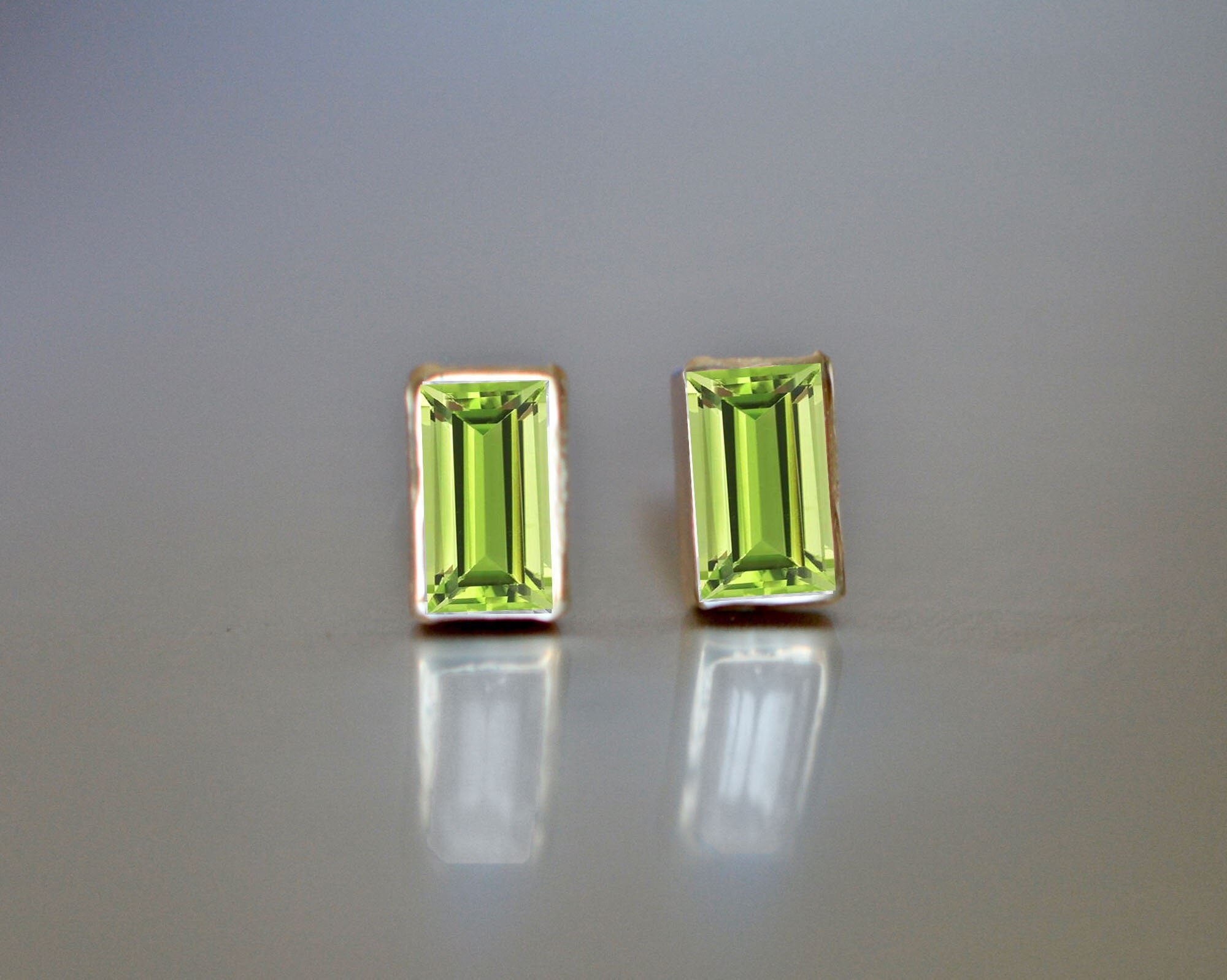 Peridot Baguette 14k Gold Minimalist Stud Earrings : August Birthstone Jewelry