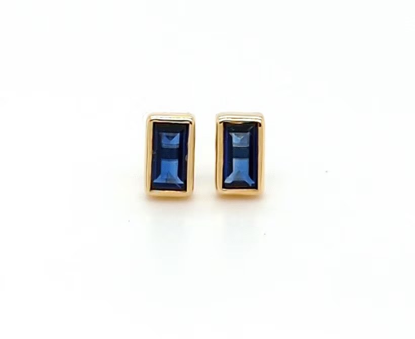 Sapphire Baguette 14k Gold Minimalist Stud Earrings, September Birthstone Jewelry, Blue Gemstone Stud, Art Deco Stacking Earring, Gift Women