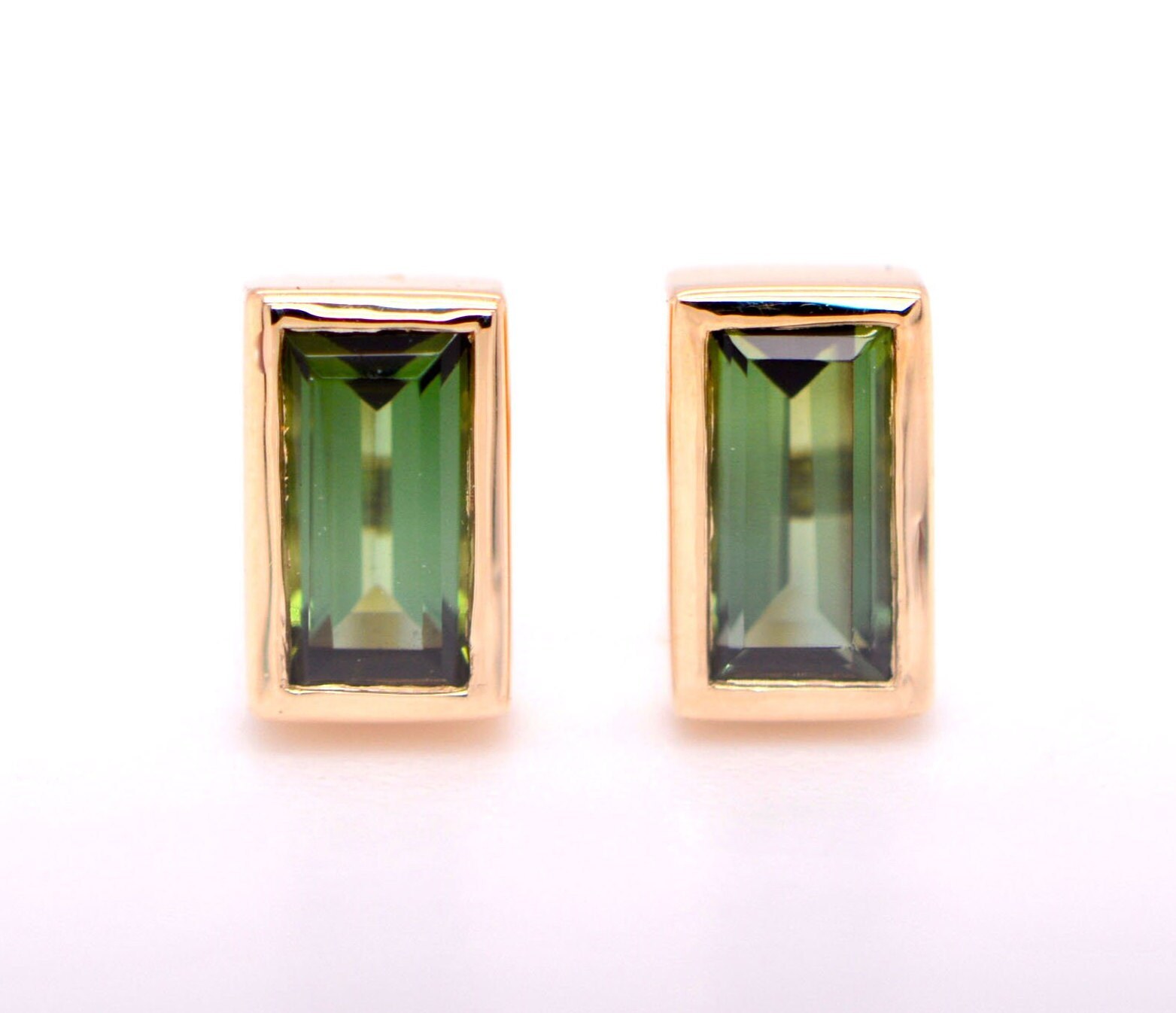Green Tourmaline Baguette 14k Gold Minimalist Stud Earrings : October Birthstone