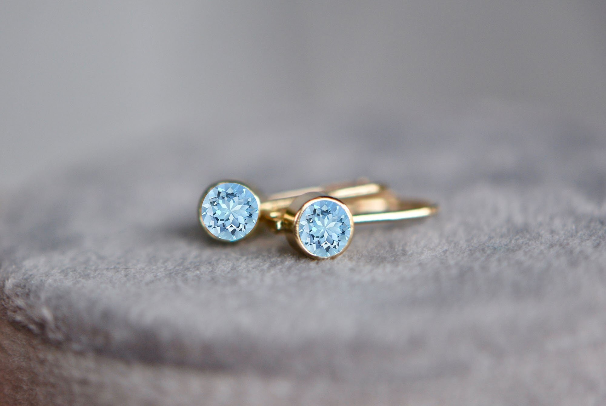 Aquamarine Bezel Leverback Earrings 14kt Gold : March Birthstone Jewelry