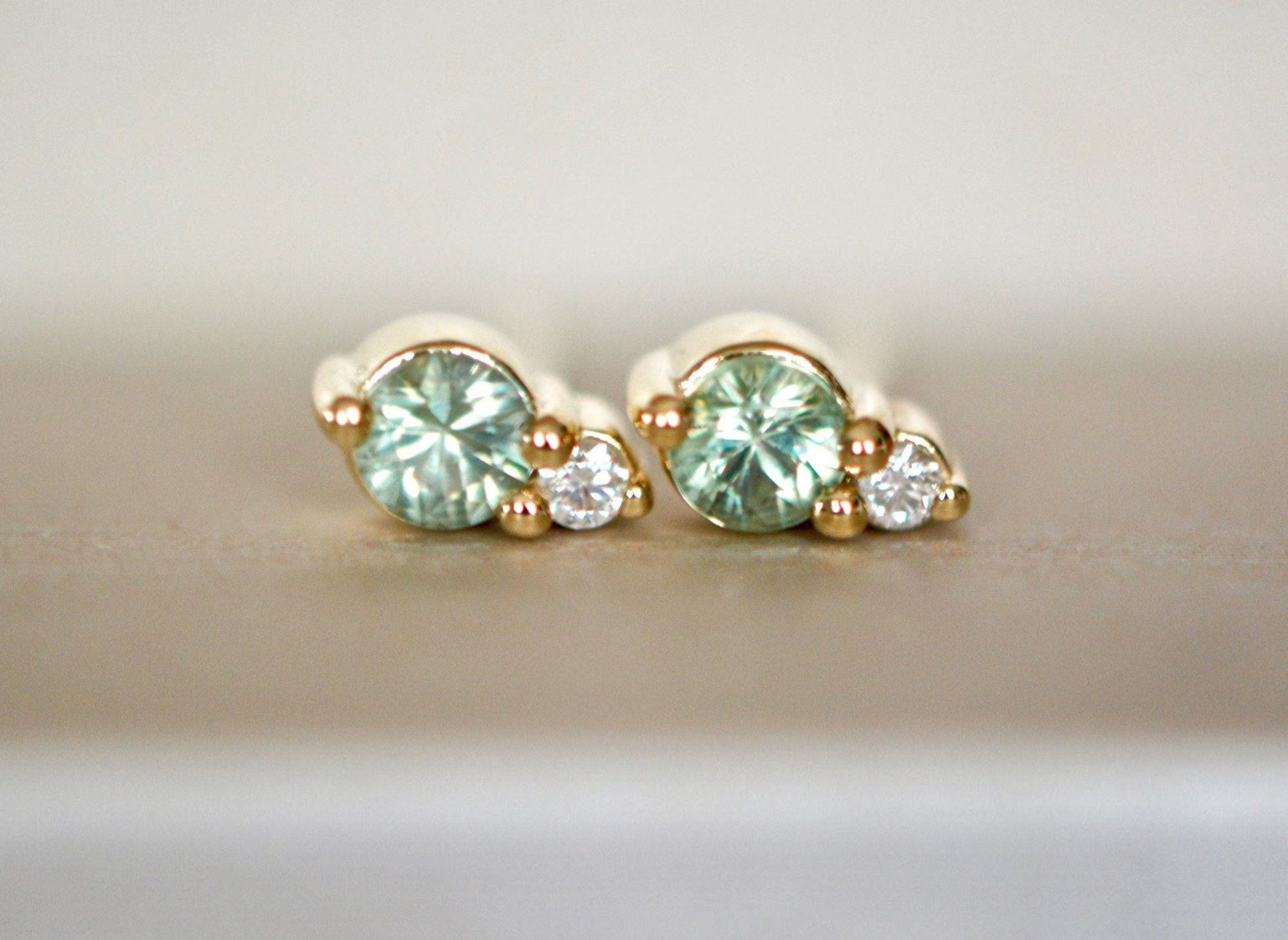 Natural Green Sapphire & Diamond Tiny Minimalist Stud Earrings 14k Gold : September Birthstone