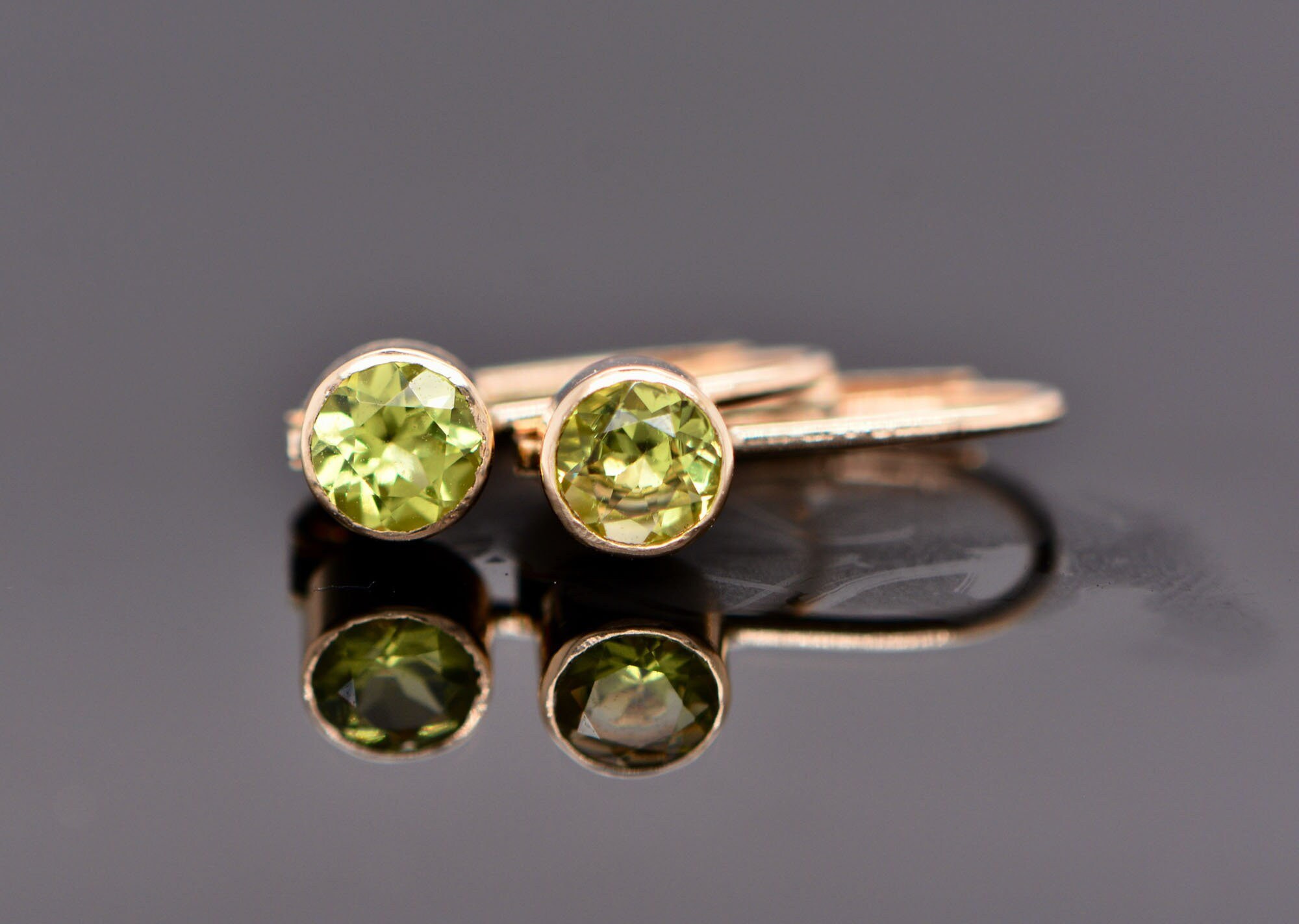 Peridot Bezel Leverback Earrings 14kt Gold : August Birthstone Jewelry