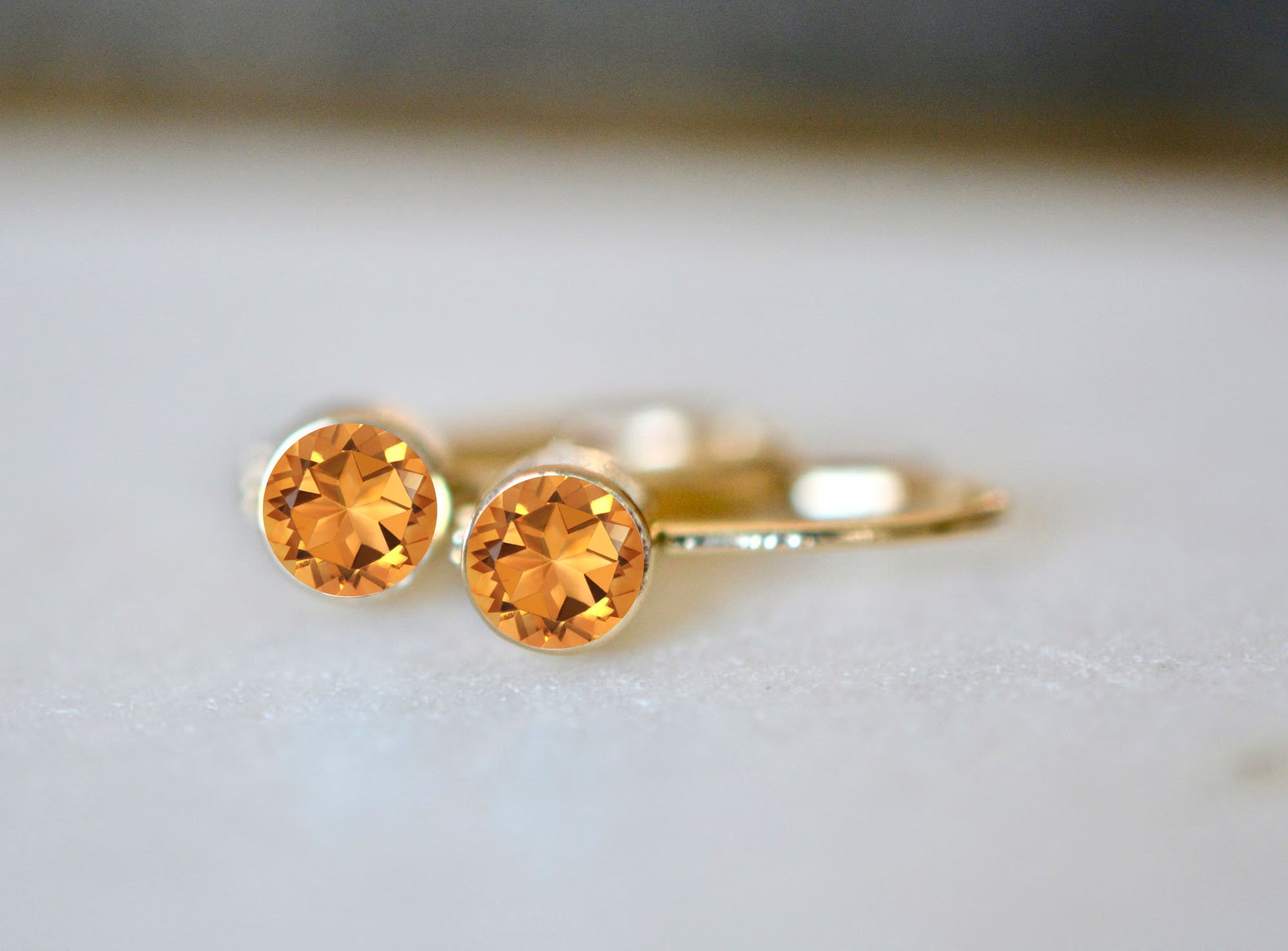 Citrine Leverback Bezel Earrings 14kt Gold : November Birthstone