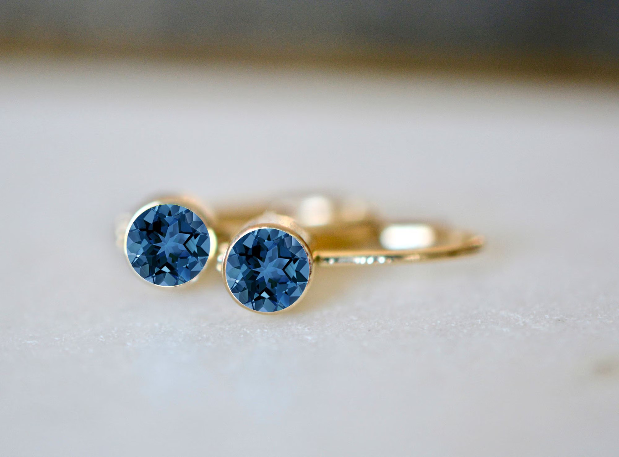 London Blue Topaz Leverback Hoop Earrings Solid 14kt Gold : December Birthstone Jewelry