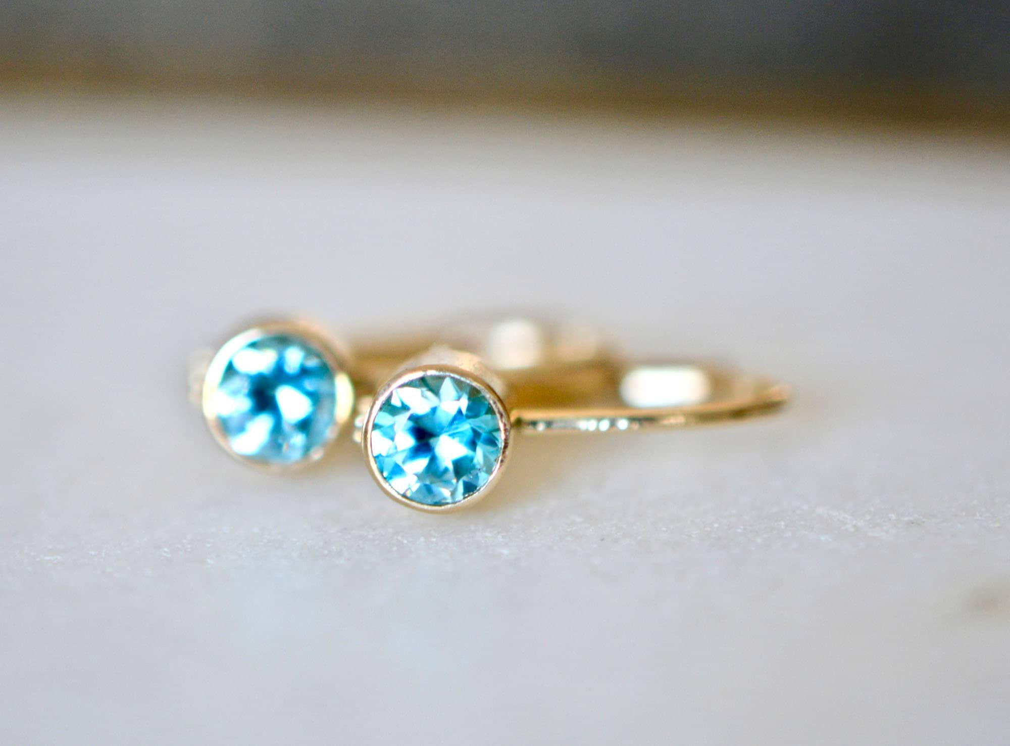 Blue Zircon Leverback Earrings Solid 14kt Gold : December Birthstone Jewelry