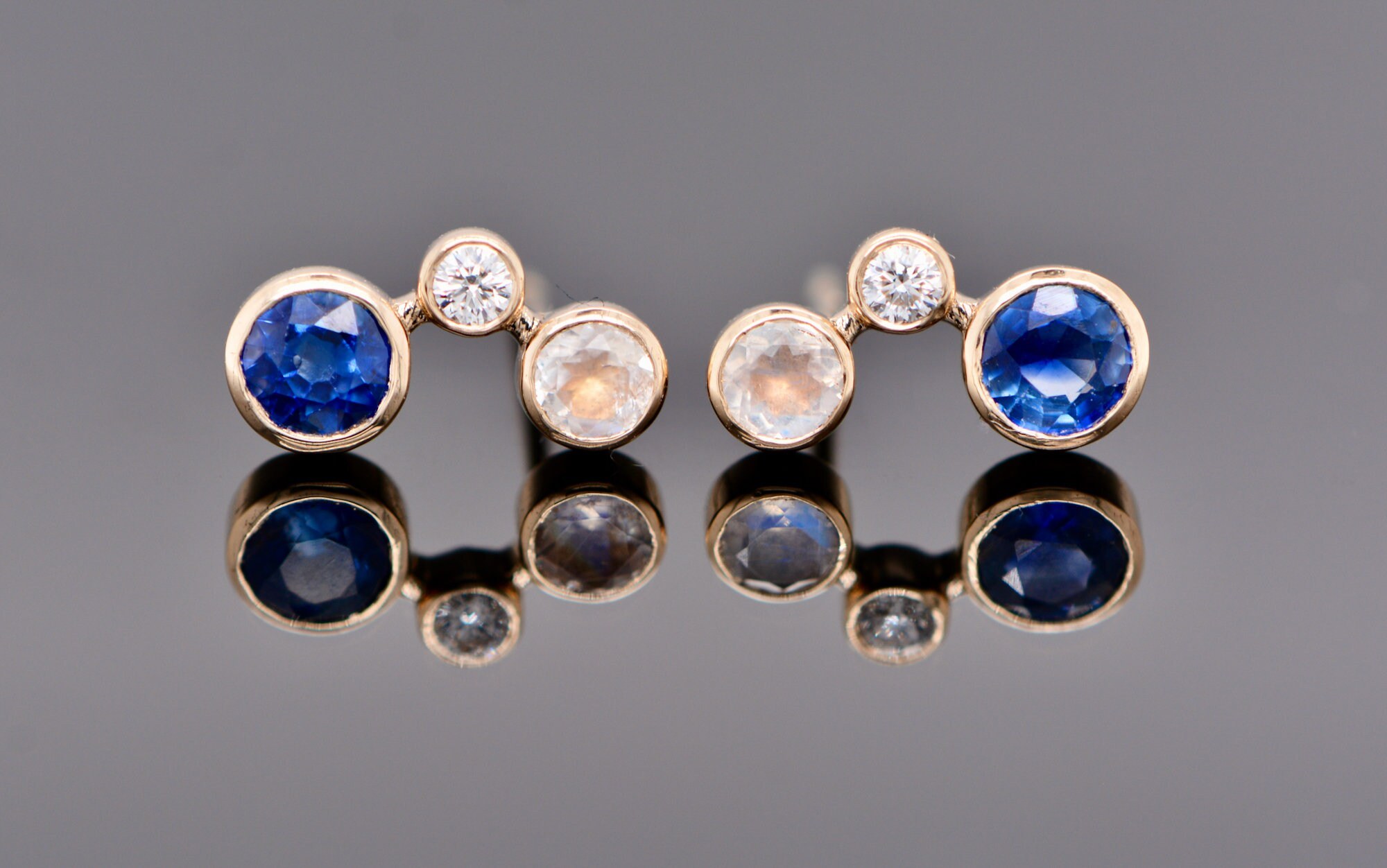 Sapphire Moonstone & Diamond Earrings 14k Gold : September June Birthstone Jewelry