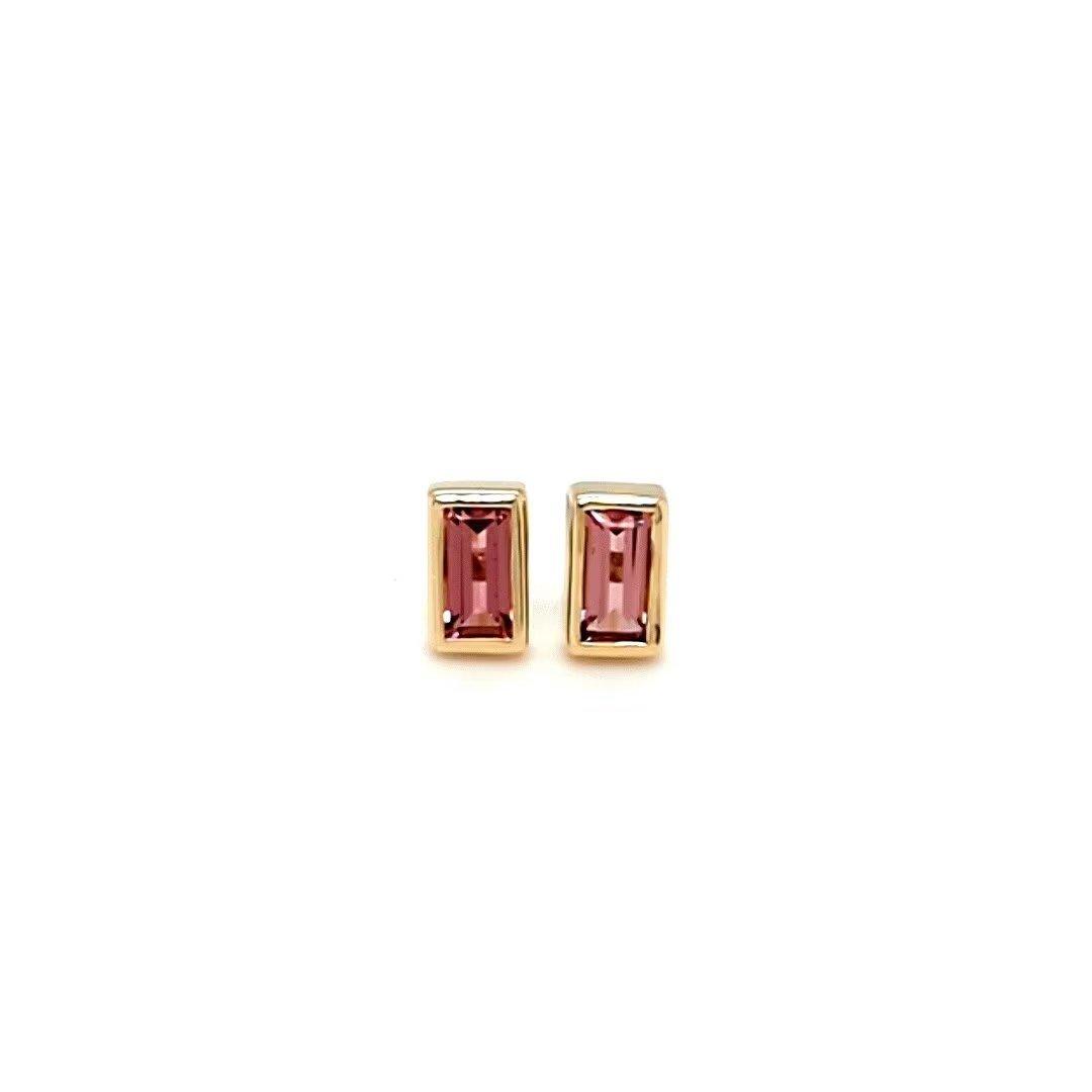 Pink Tourmaline Baguette 14k Gold Stud Earrings: October Birthstone