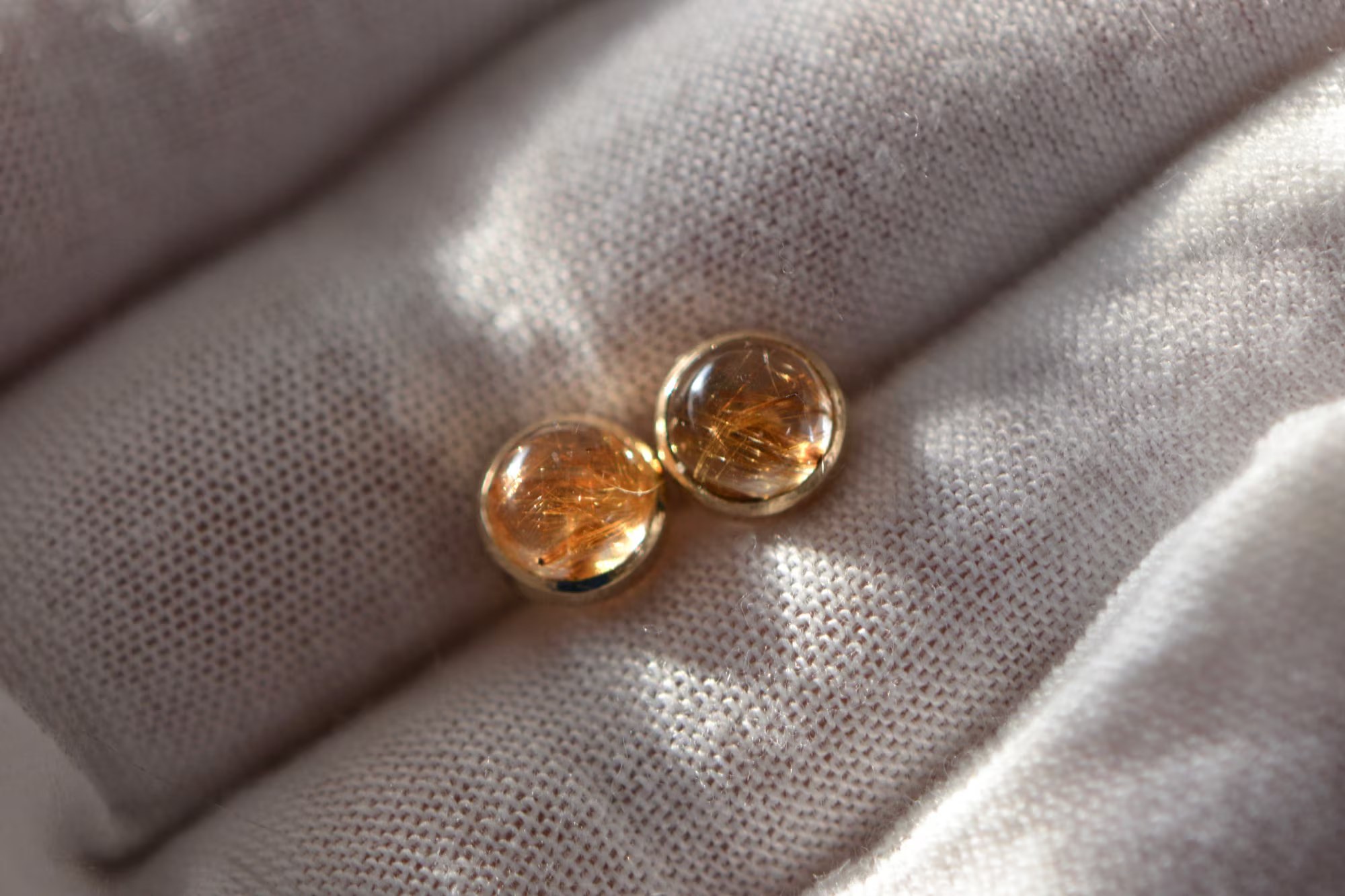 Golden Rutilated Quartz Cabochon 14k Gold Round Stud Earrings