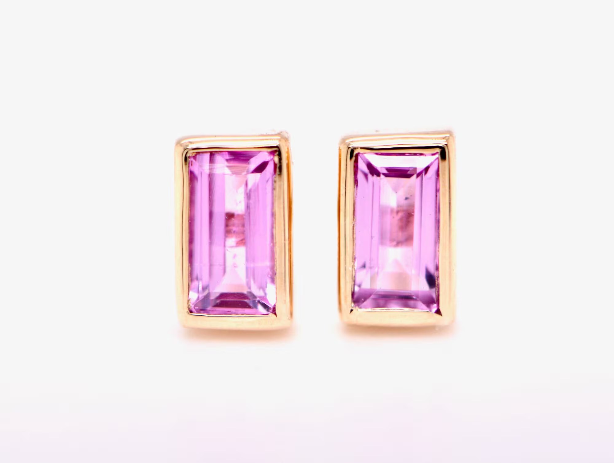 Pink Sapphire Baguette 14k Gold Minimalist Everyday Stud Earrings : September Birthstone