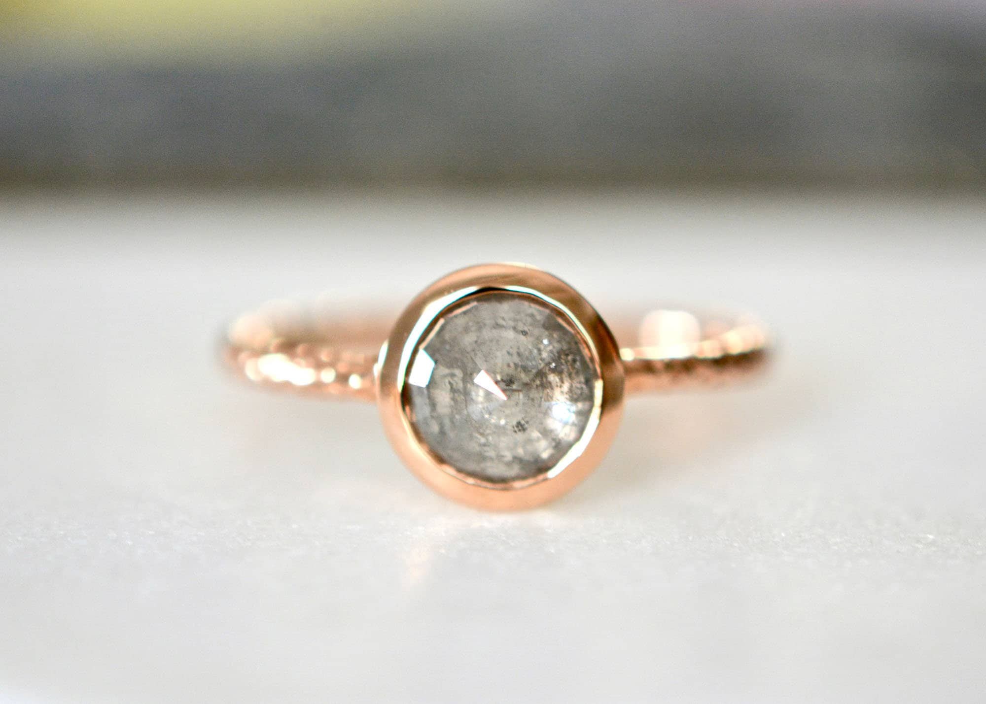 Salt Pepper Diamond 1.9 cts Bezel Solitaire Ring 14k Rose Gold : April Birthstone