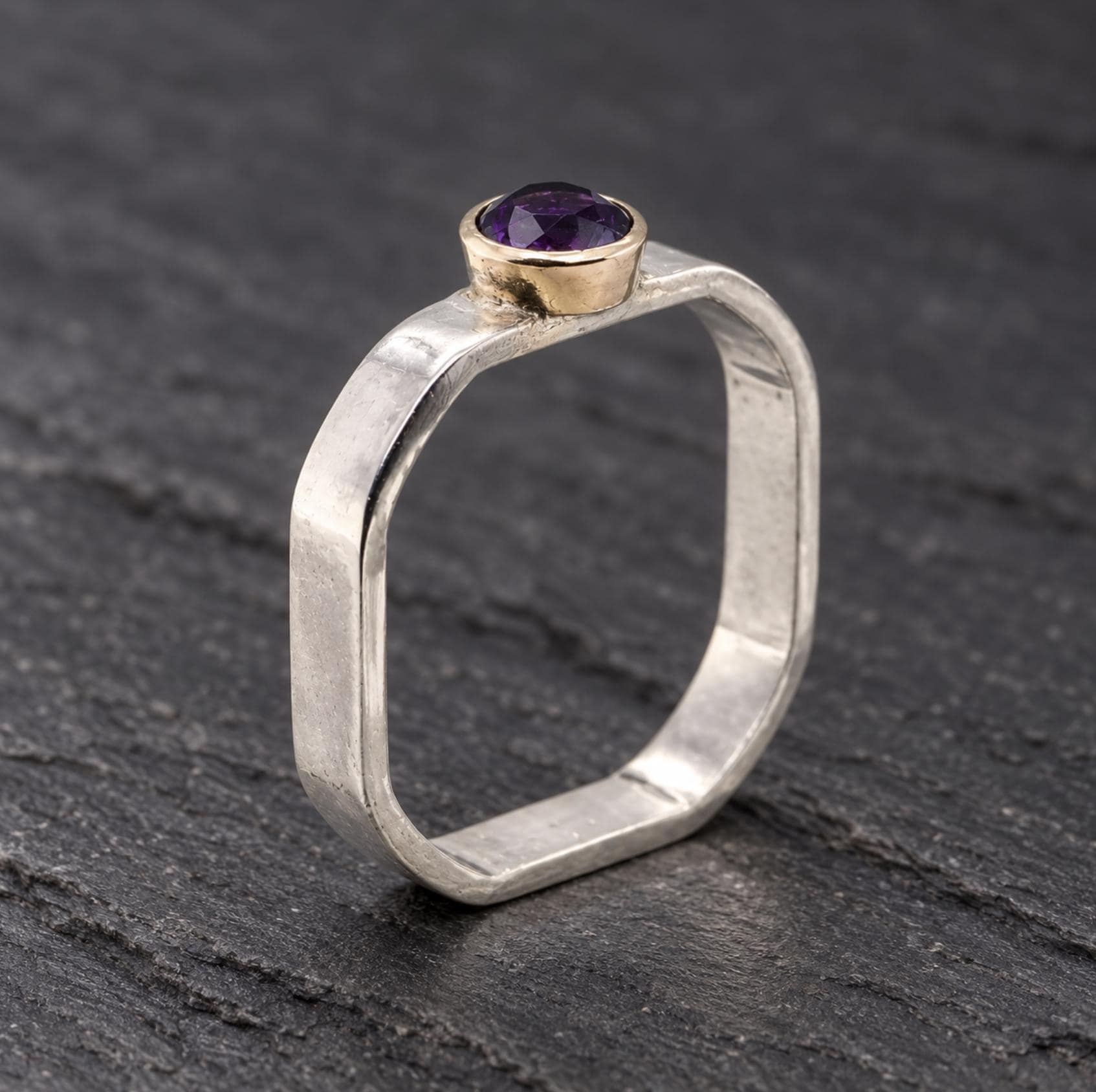 Hand-Forged Mixed Metal Amethyst Ring: 14k Gold & Sterling Silver Square Band (Size 5), detail view