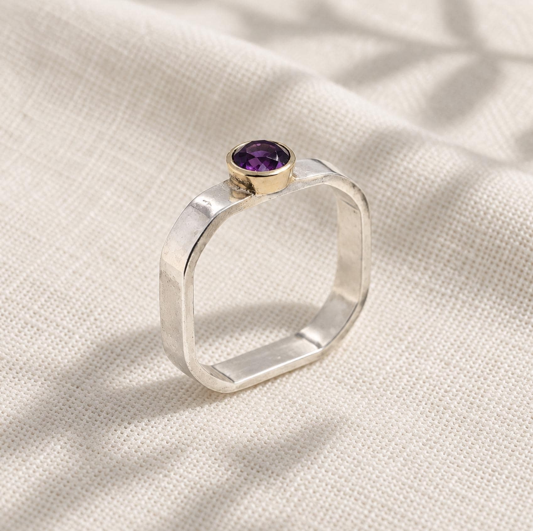 Hand-Forged Mixed Metal Amethyst Ring: 14k Gold & Sterling Silver Square Band (Size 5)