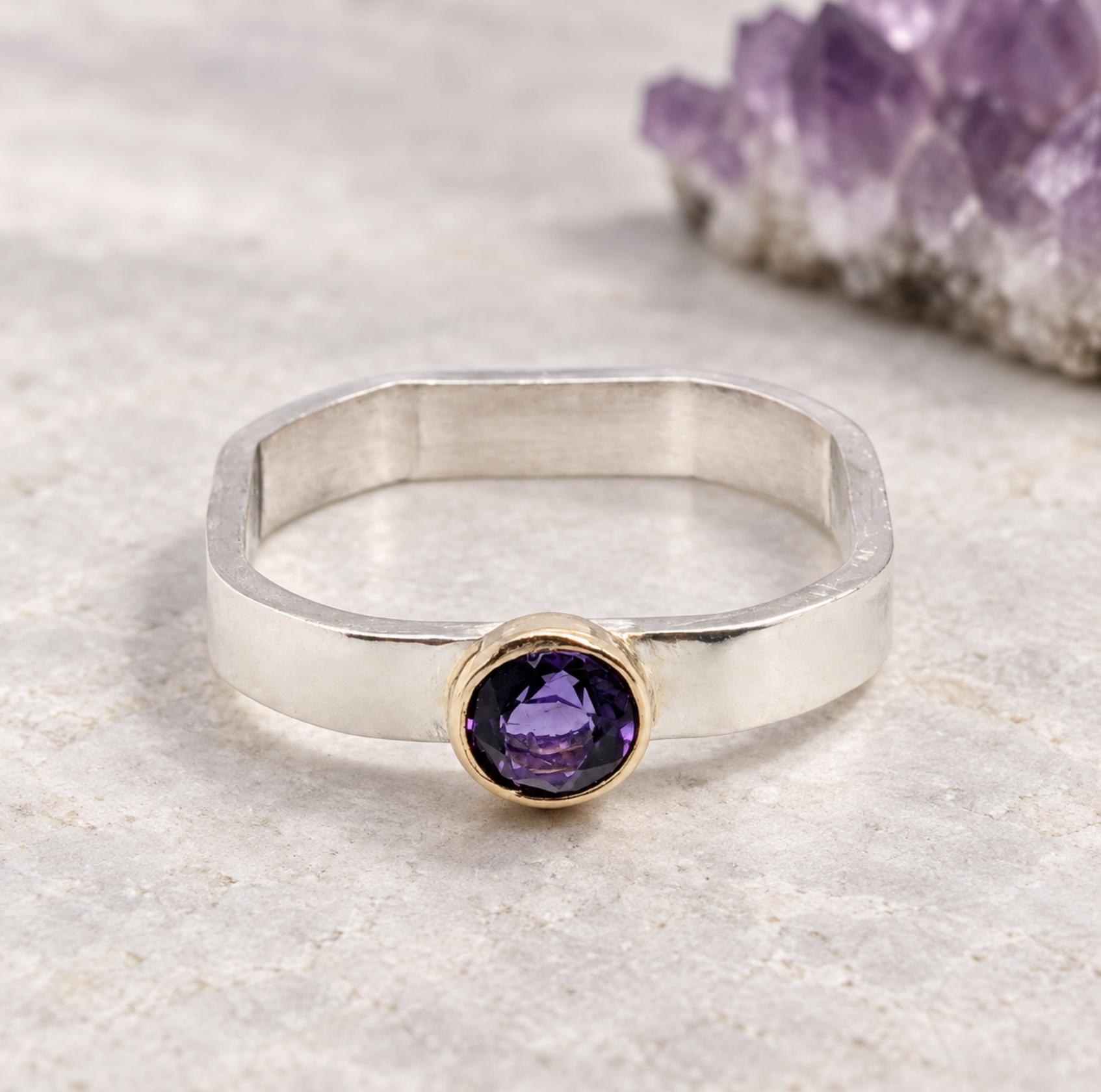 Hand-Forged Mixed Metal Amethyst Ring: 14k Gold & Sterling Silver Square Band (Size 5), detail view