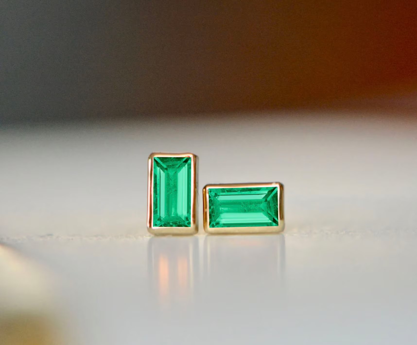 Emerald Baguette Stud Earrings Solid 14k Gold : May Birthstone Stud Earrings Post Earring
