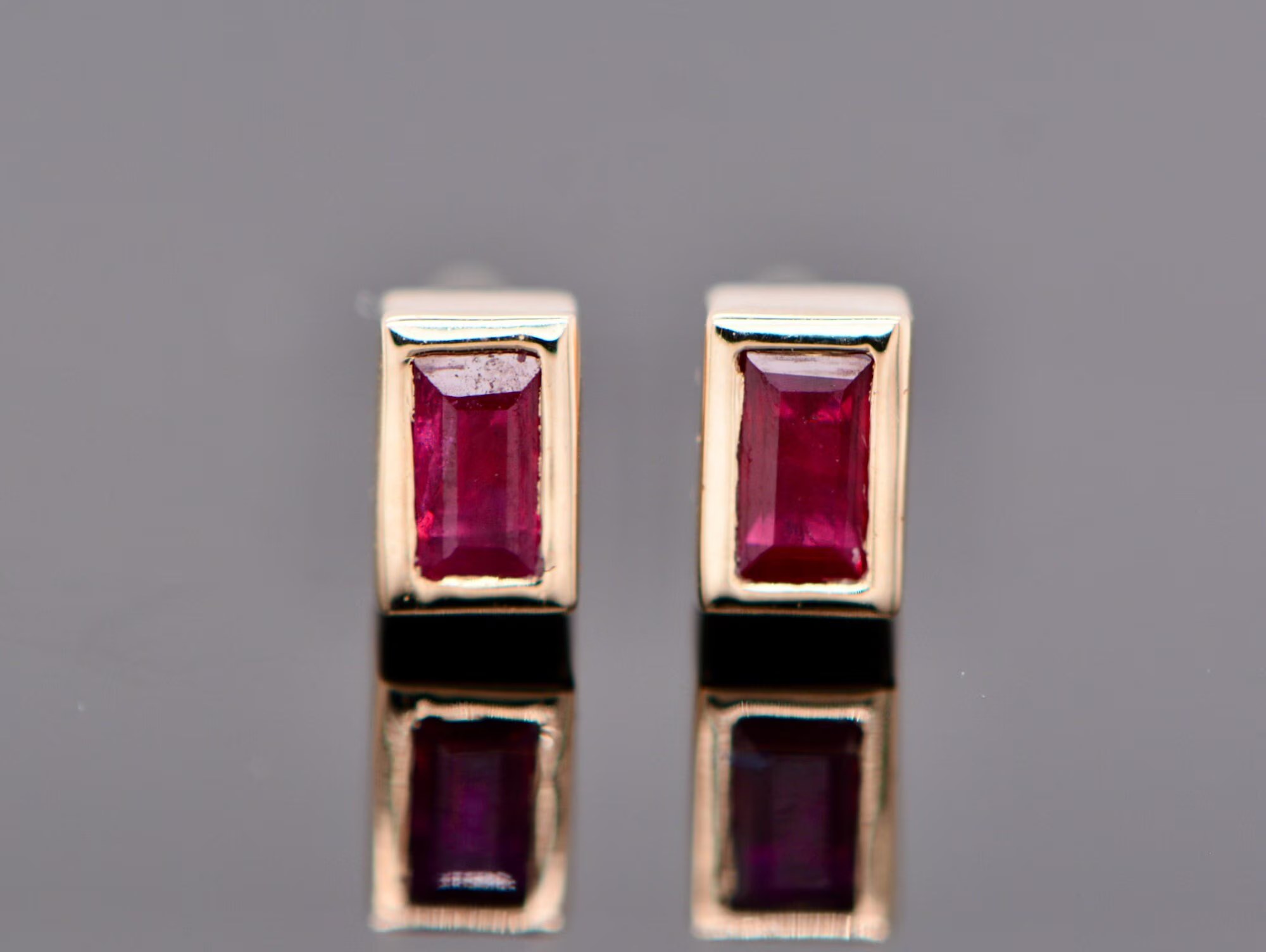 Ruby Natural Baguette Stud Earrings 14k Gold : Art Deco July Birthstone Jewelry