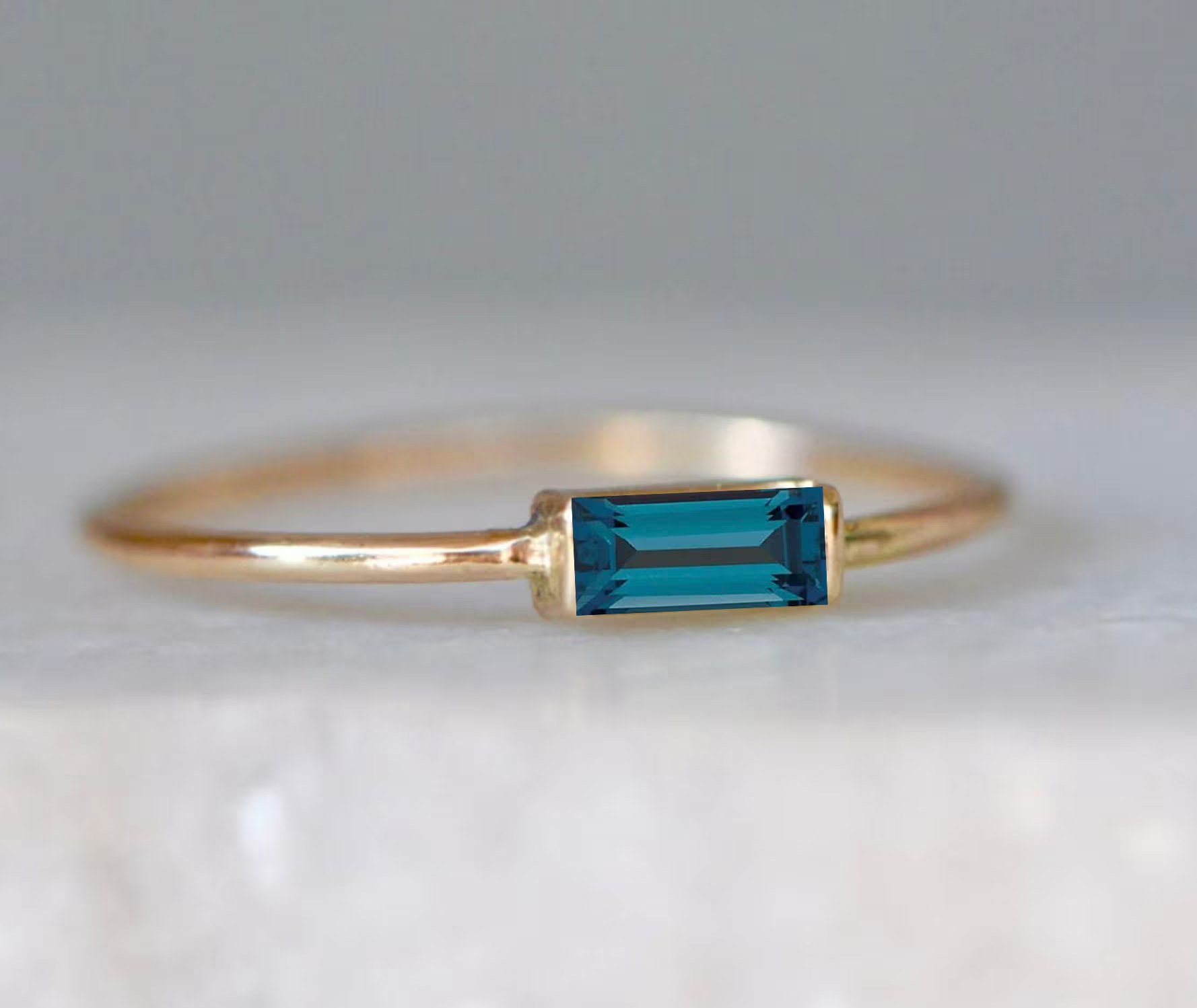 London Blue Topaz Baguette Ring: 14k Gold Minimalist Stacking Ring