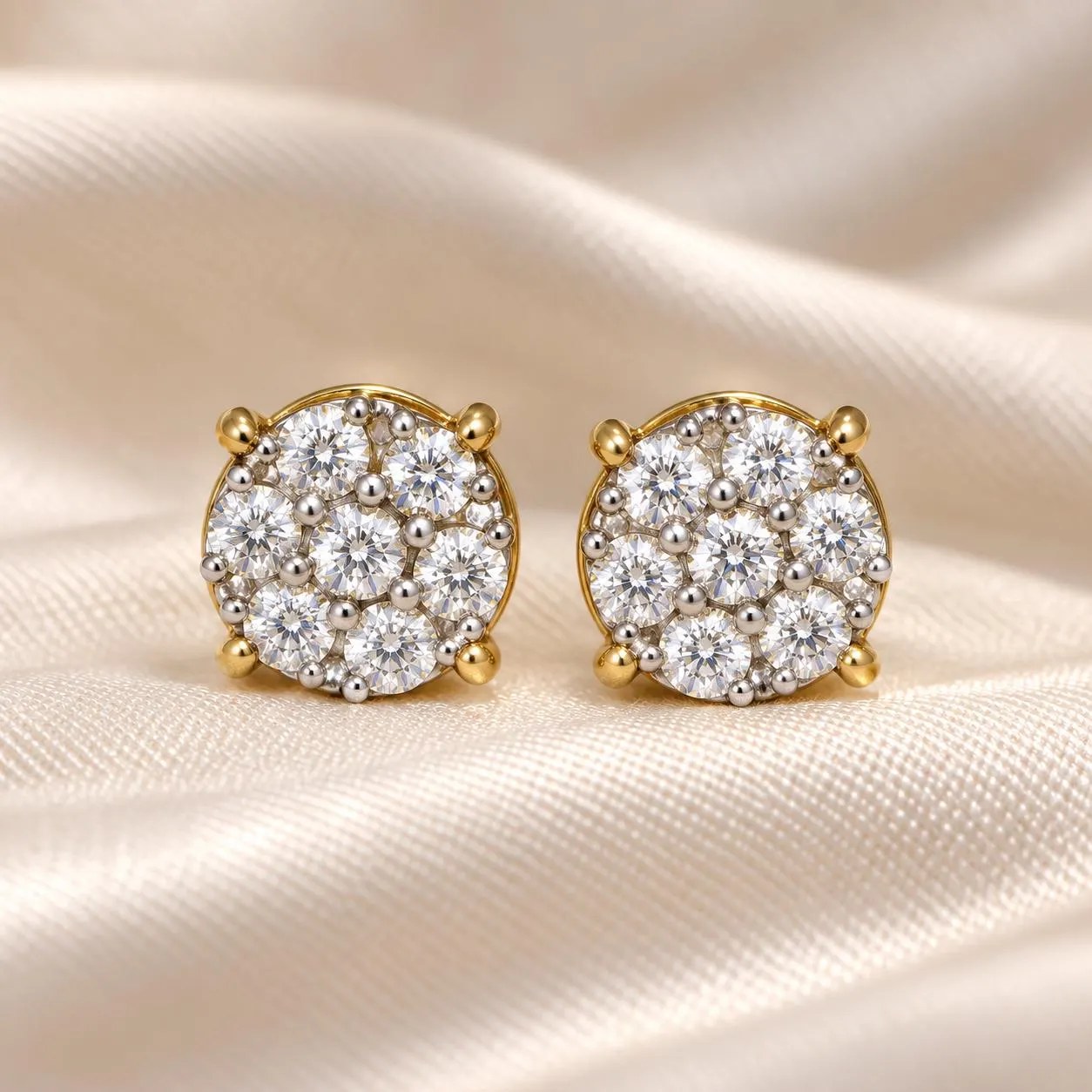 Diamond Cluster Stud Earrings Solid 14kt White & Yellow Gold : April Birthstone Jewelry