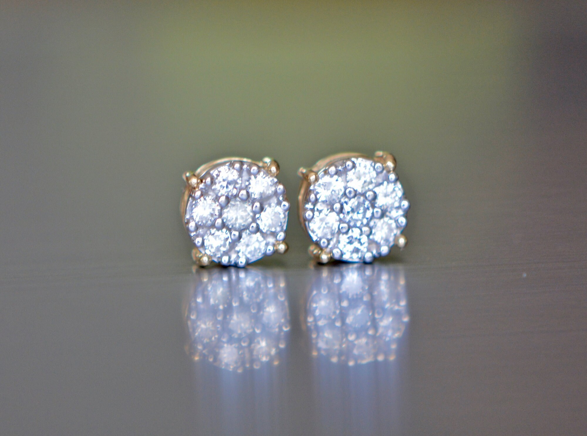 Diamond Cluster Stud Earrings Solid 14kt White & Yellow Gold : April Birthstone Jewelry