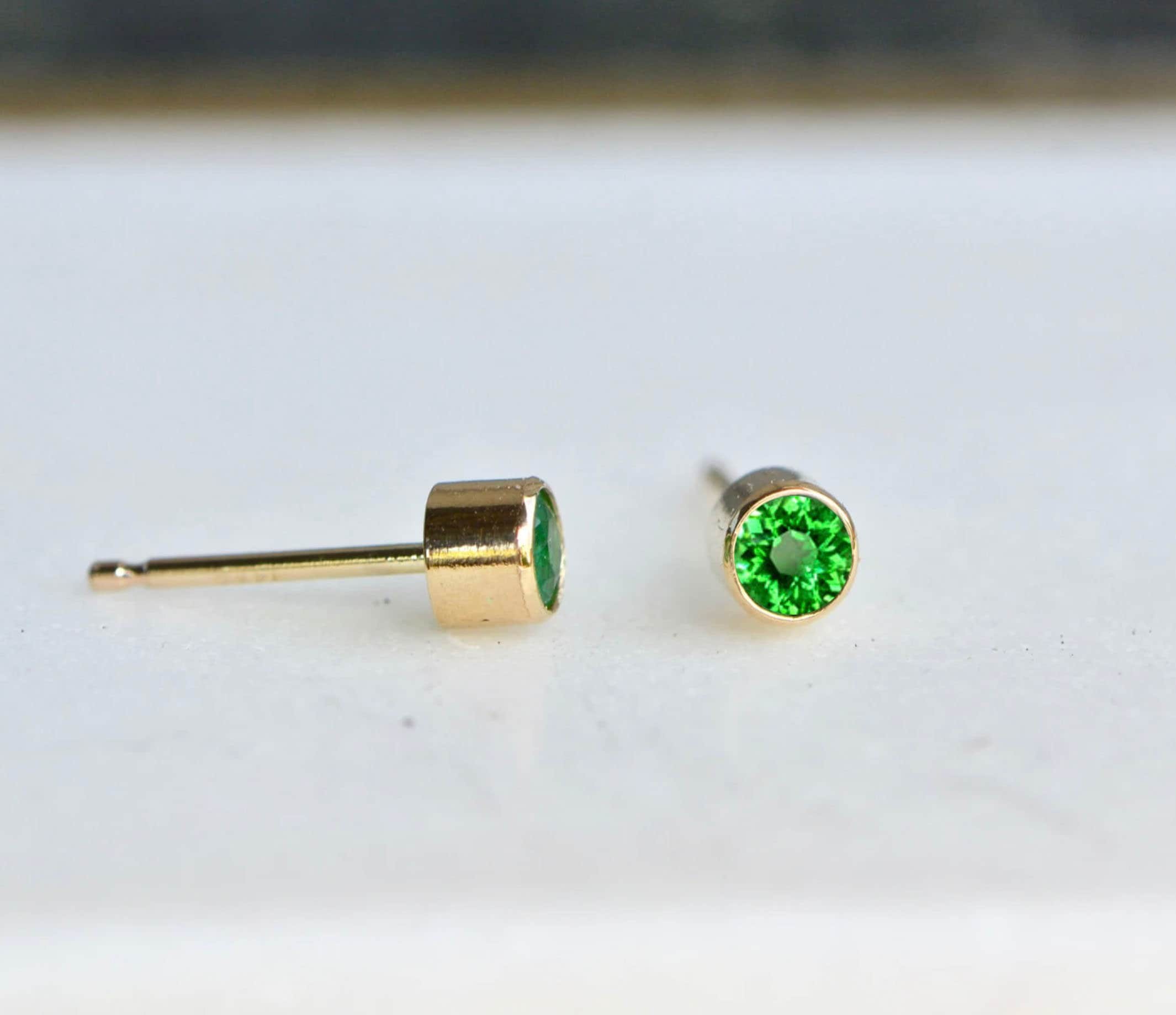 Tiny Tsavorite Garnet Stud Earrings 14kt Gold, January Birthstone, detail view