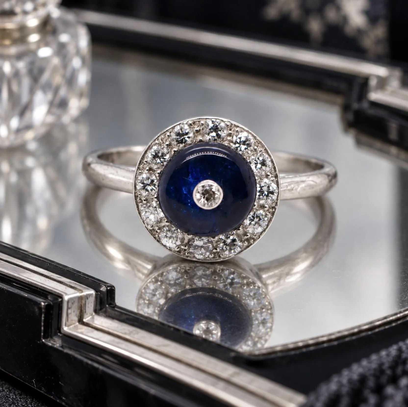 Sapphire Diamond Halo Ring Solid 14k White Gold : 5th 10th or 45th Anniversary Gift