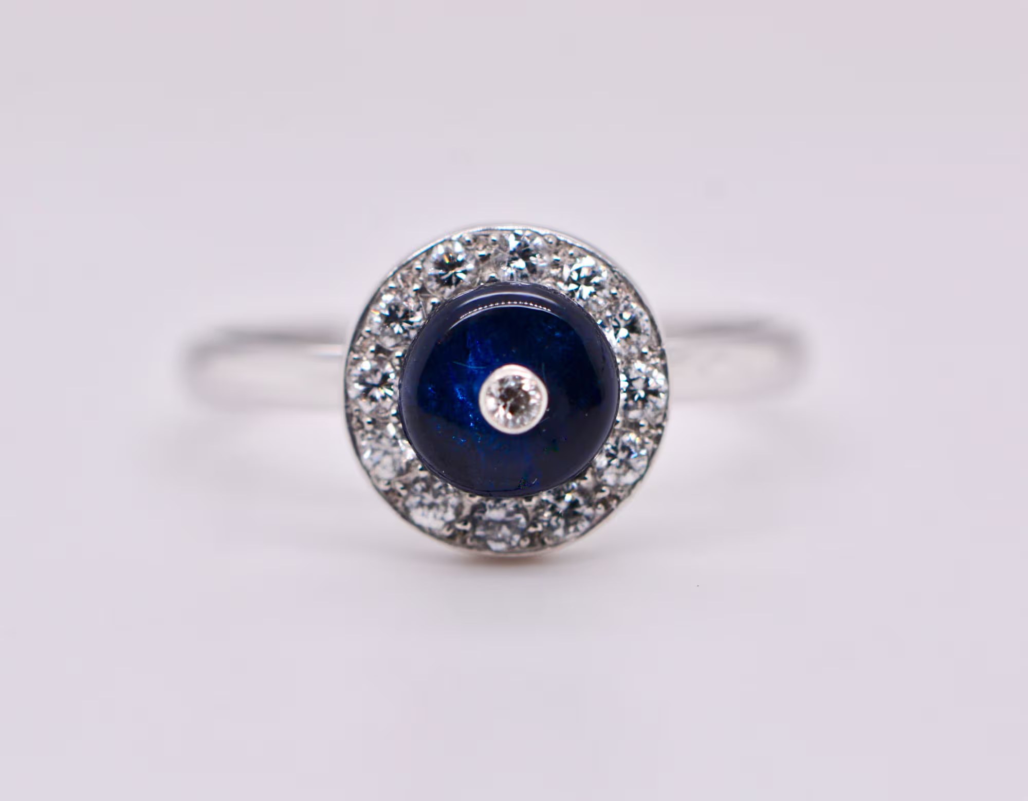 Vintage Upcycled Sapphire Diamond Halo Ring Solid 14k White Gold :