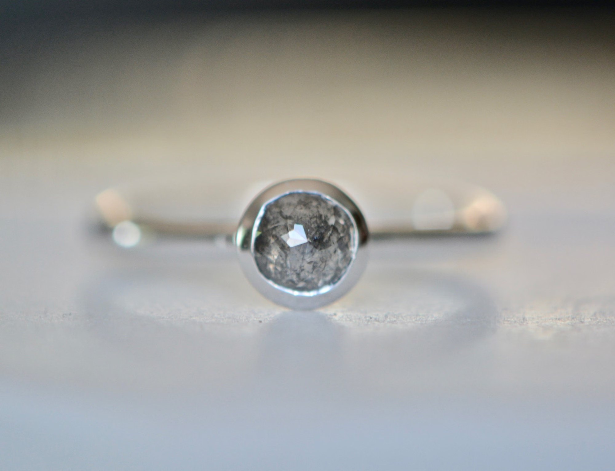 Salt Pepper Diamond Bezel Set 14k White Gold Solitaire Ring : 10th or 60th Anniversary Gift for Wife