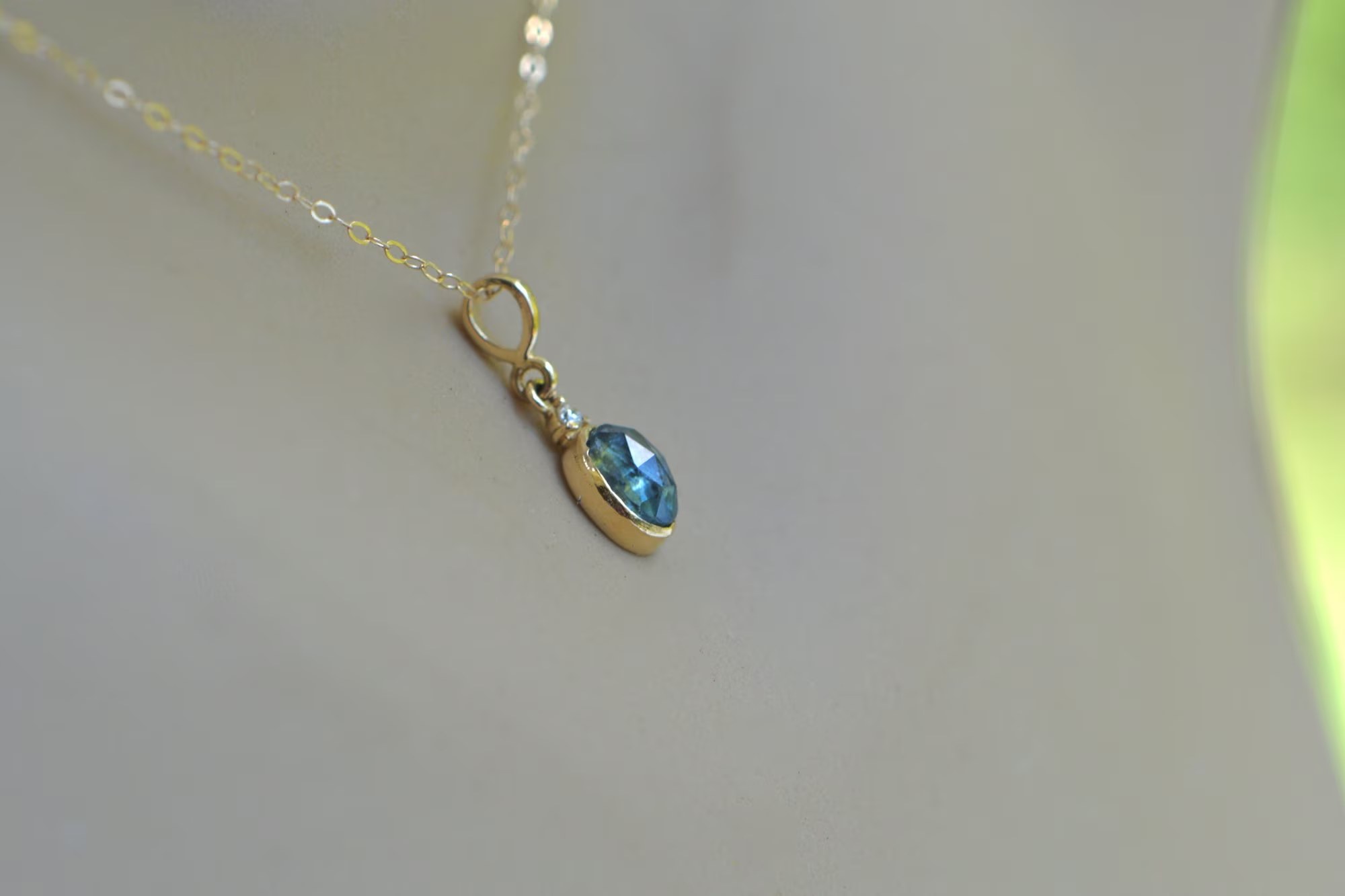Montana Sapphire & Diamond 14k Gold Tiny Oval Pendant Necklace September Birthstone Charm