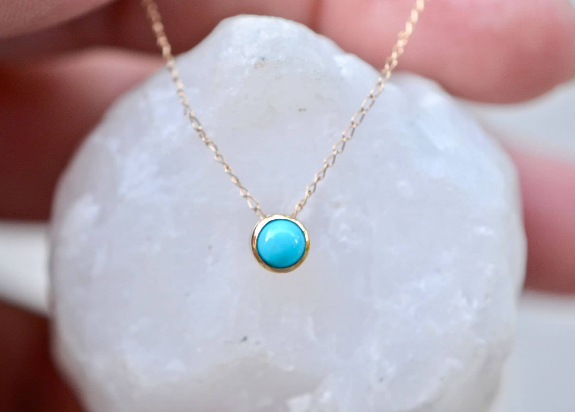 Round Turquoise Slide Necklace 14k Gold, Sleeping Beauty Blue Turquoise Jewelry, Birthday Gift, December Birthstone Necklace, Dainty Pendant