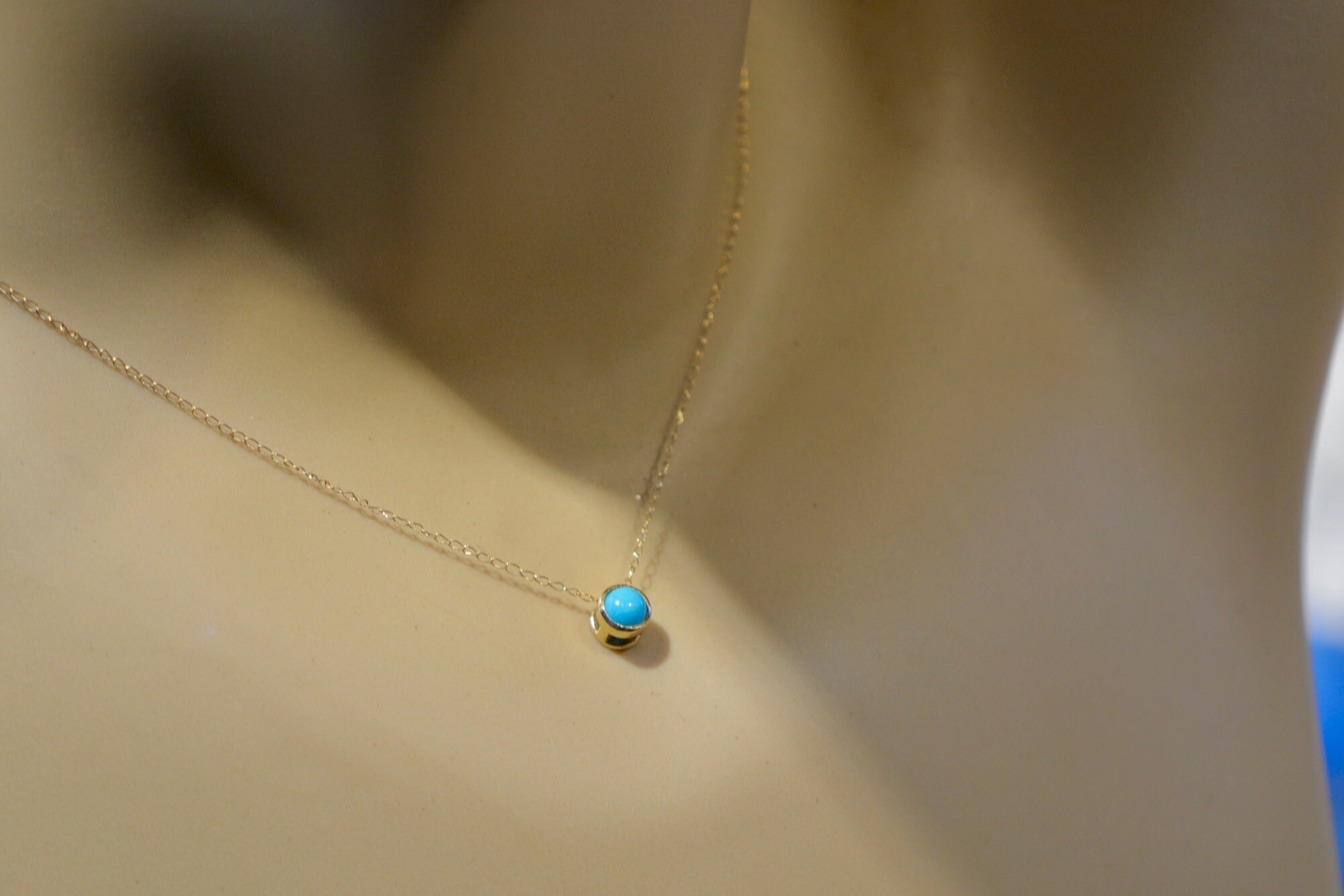 Round Turquoise Slide Necklace 14k Gold, Sleeping Beauty Blue Turquoise Jewelry, Birthday Gift, December Birthstone Necklace, Dainty Pendant, detail view